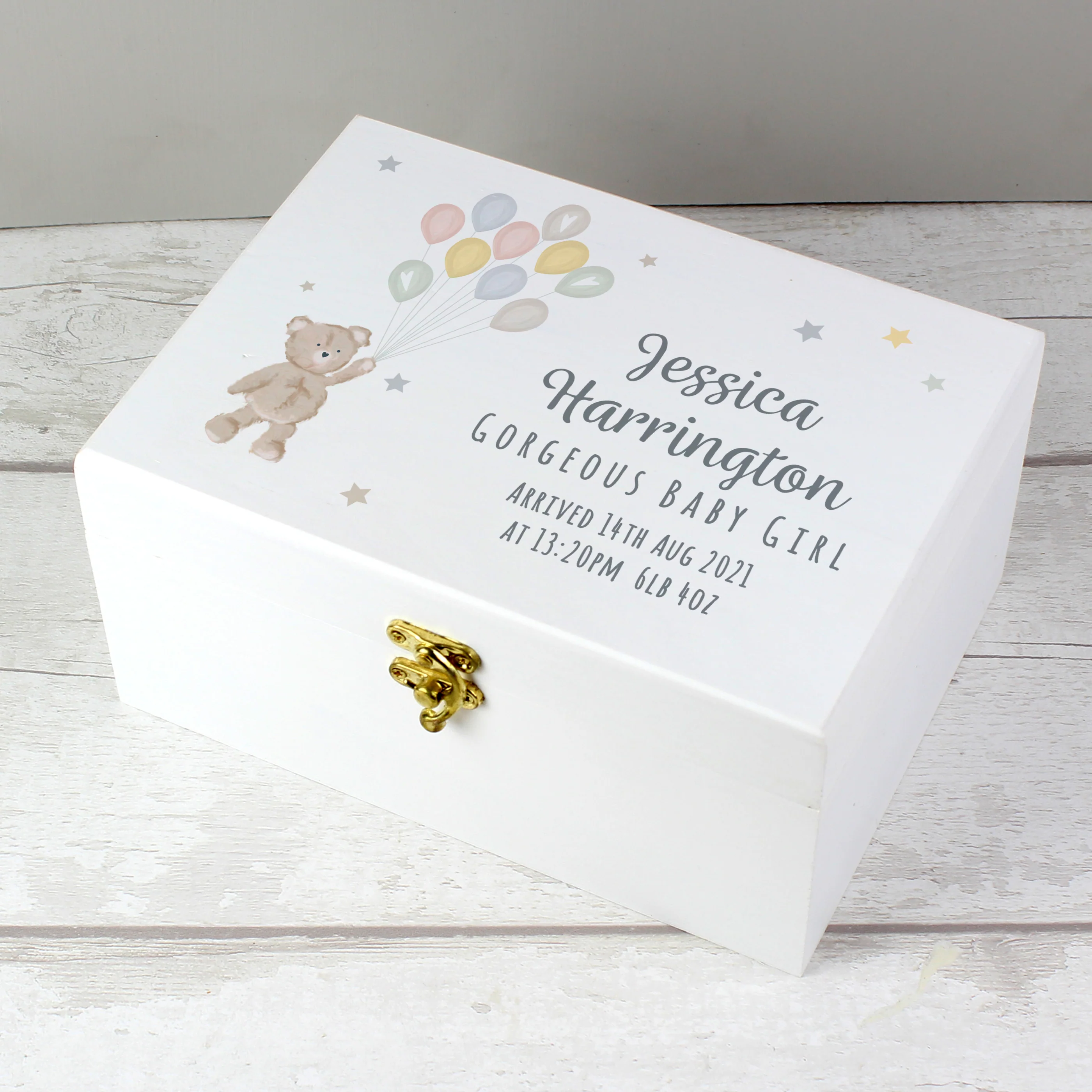 Personalised Teddy & Balloons White Wooden Keepsake Box - Image 4
