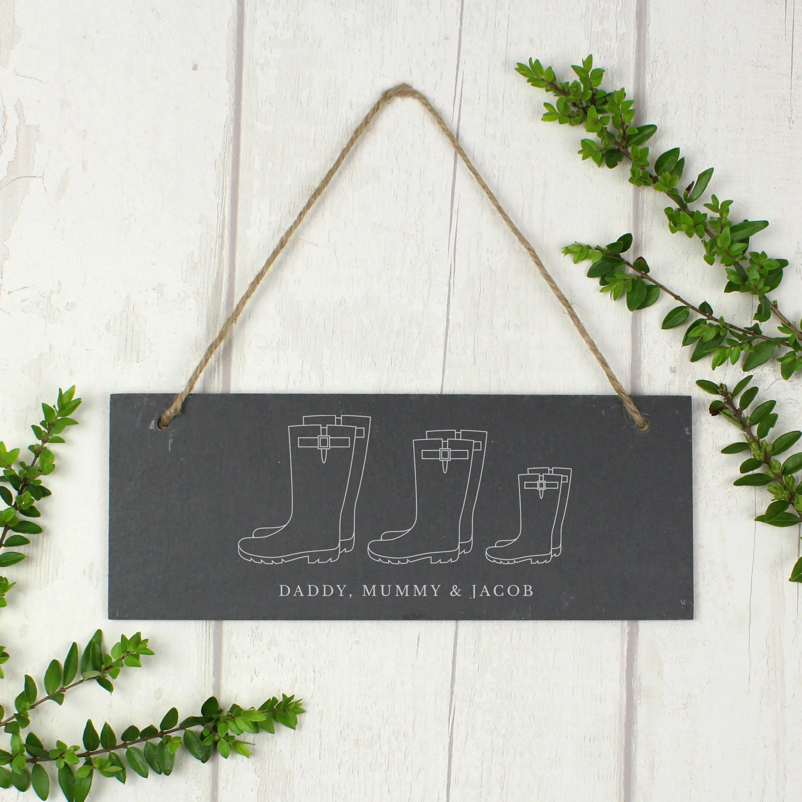 Personalised Welly Boot Family of Three Hanging Slate Plaque - Image 5