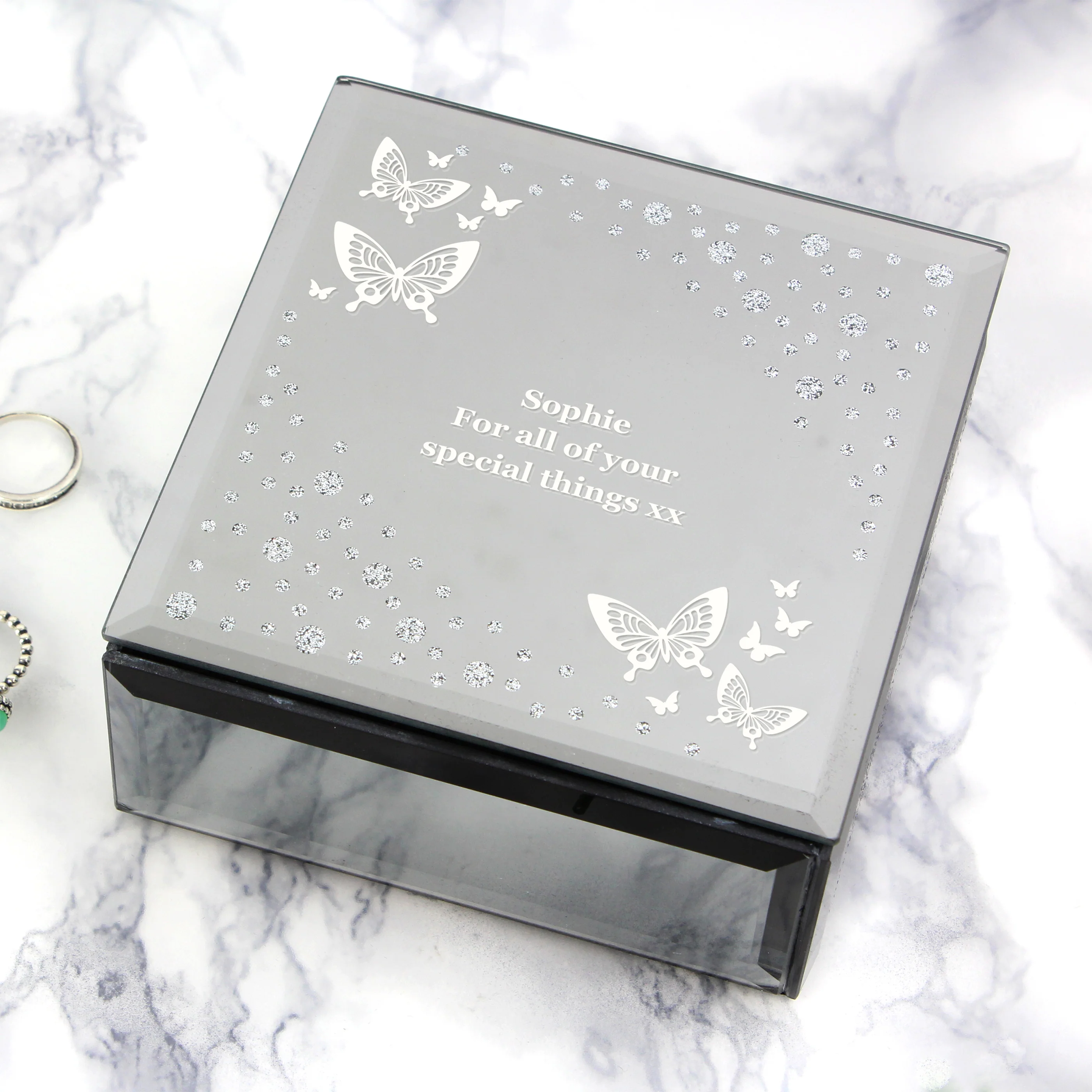 Personalised White Butterfly Diamante Glass Trinket Box - Image 6