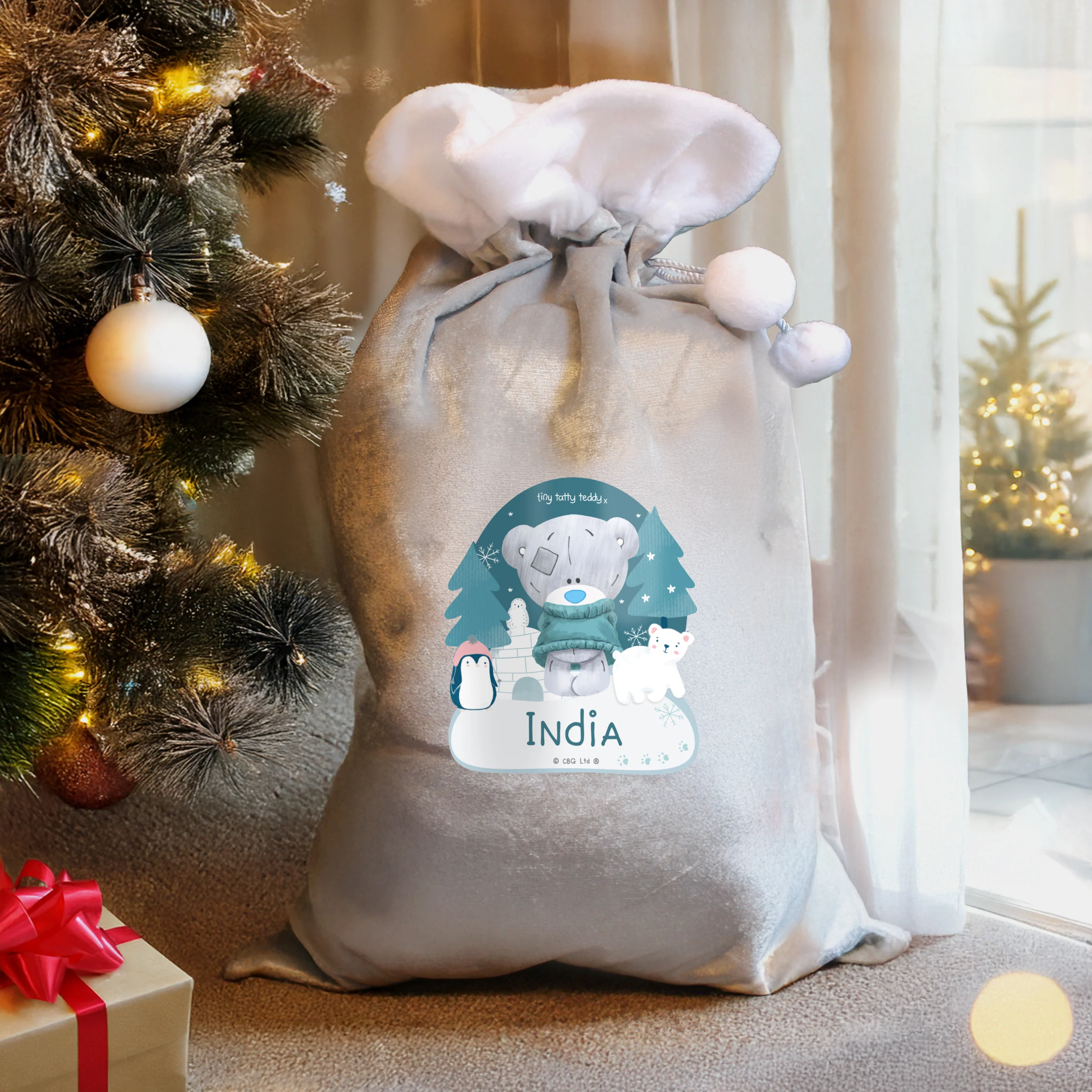 Personalised Winter Explorer Tiny Tatty Teddy Luxury Silver Grey Pom Pom Sack - Image 2