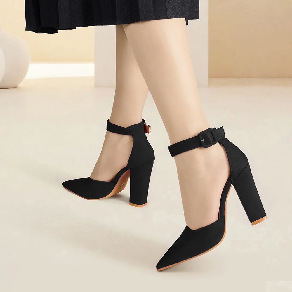 Pointed Toe High Block Heel Close Toe Shoes - Black