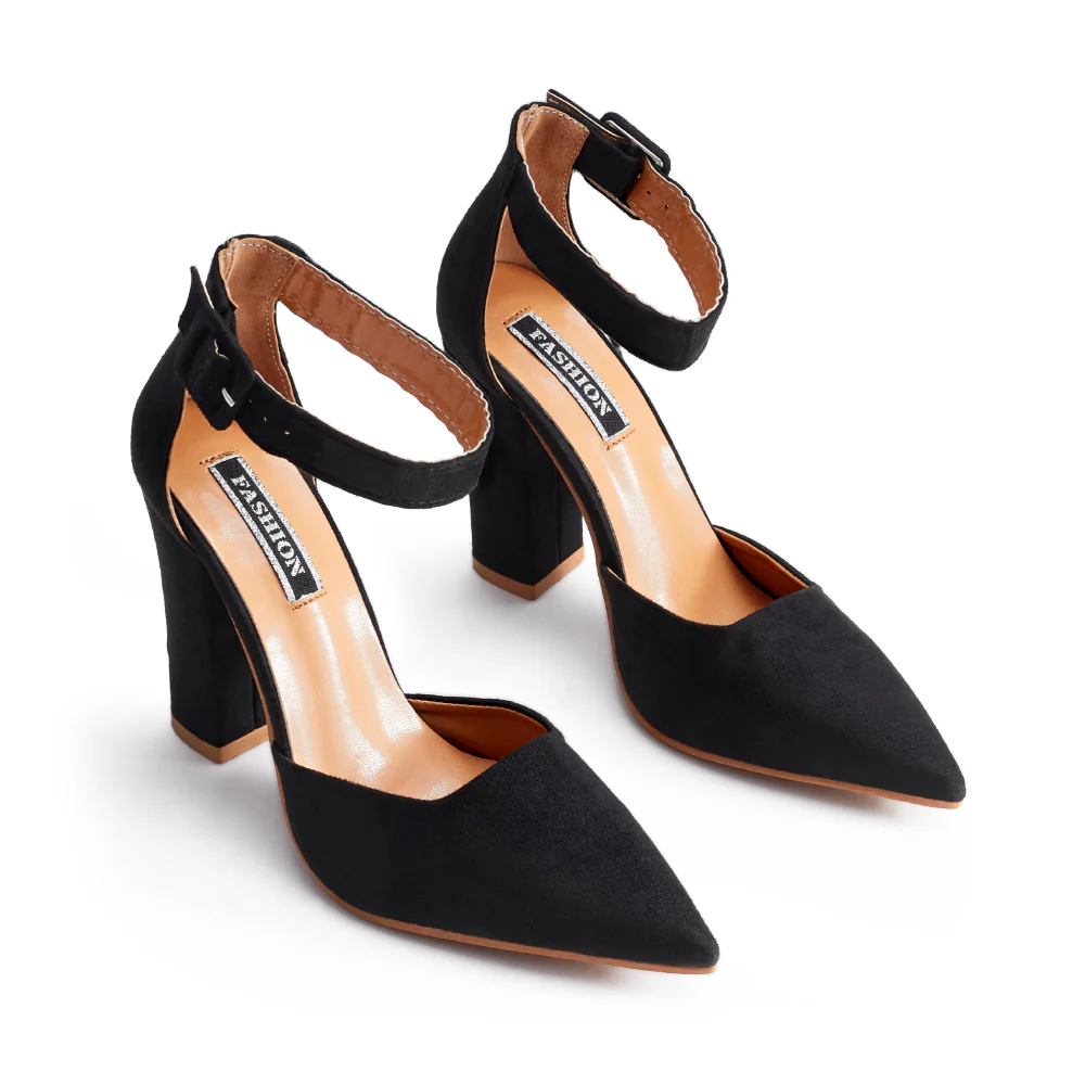 Pointed Toe High Block Heel Close Toe Shoes - Black - Image 3
