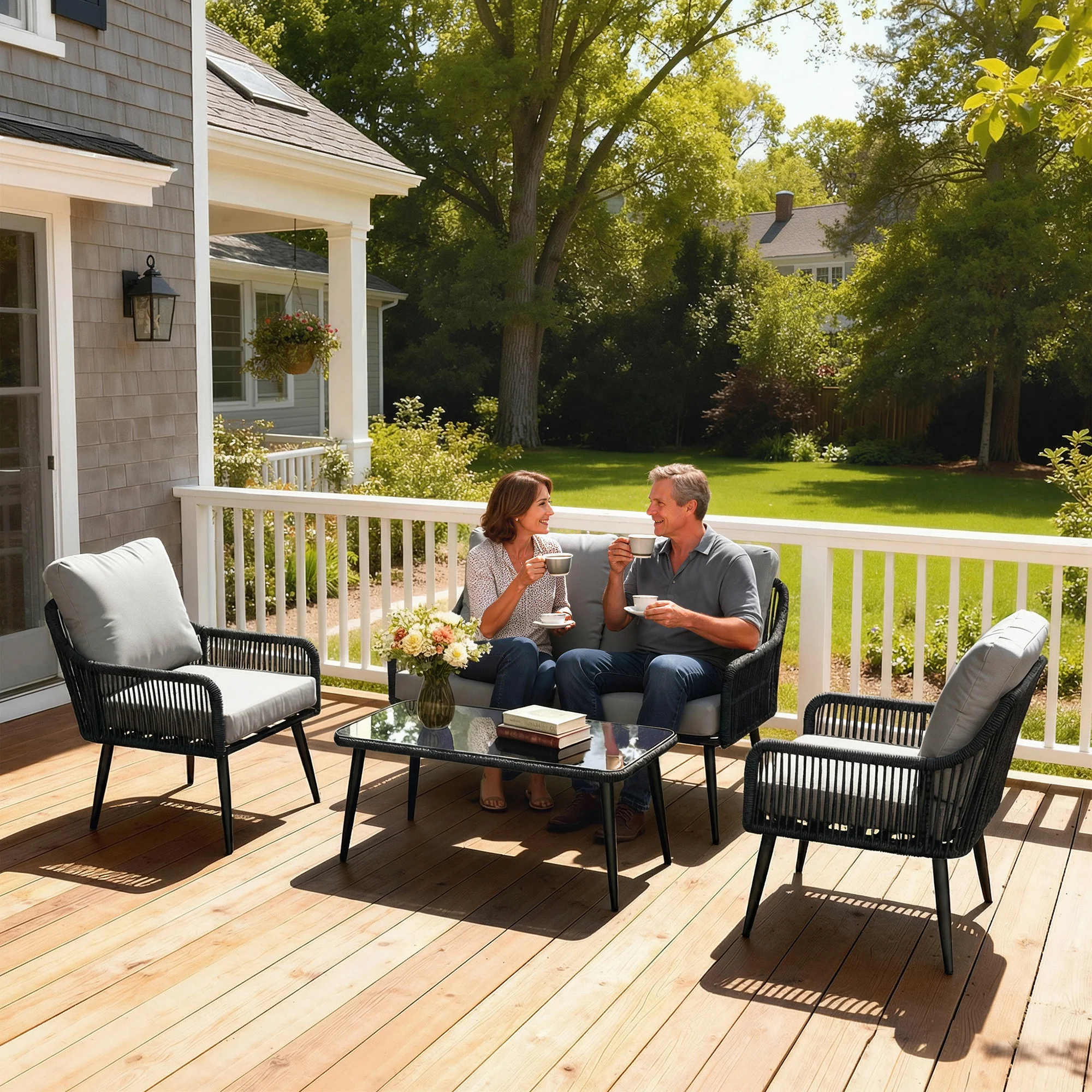 Rattan Garden Furniture Set, Tempered Glass with 3 Chairs - Image 2