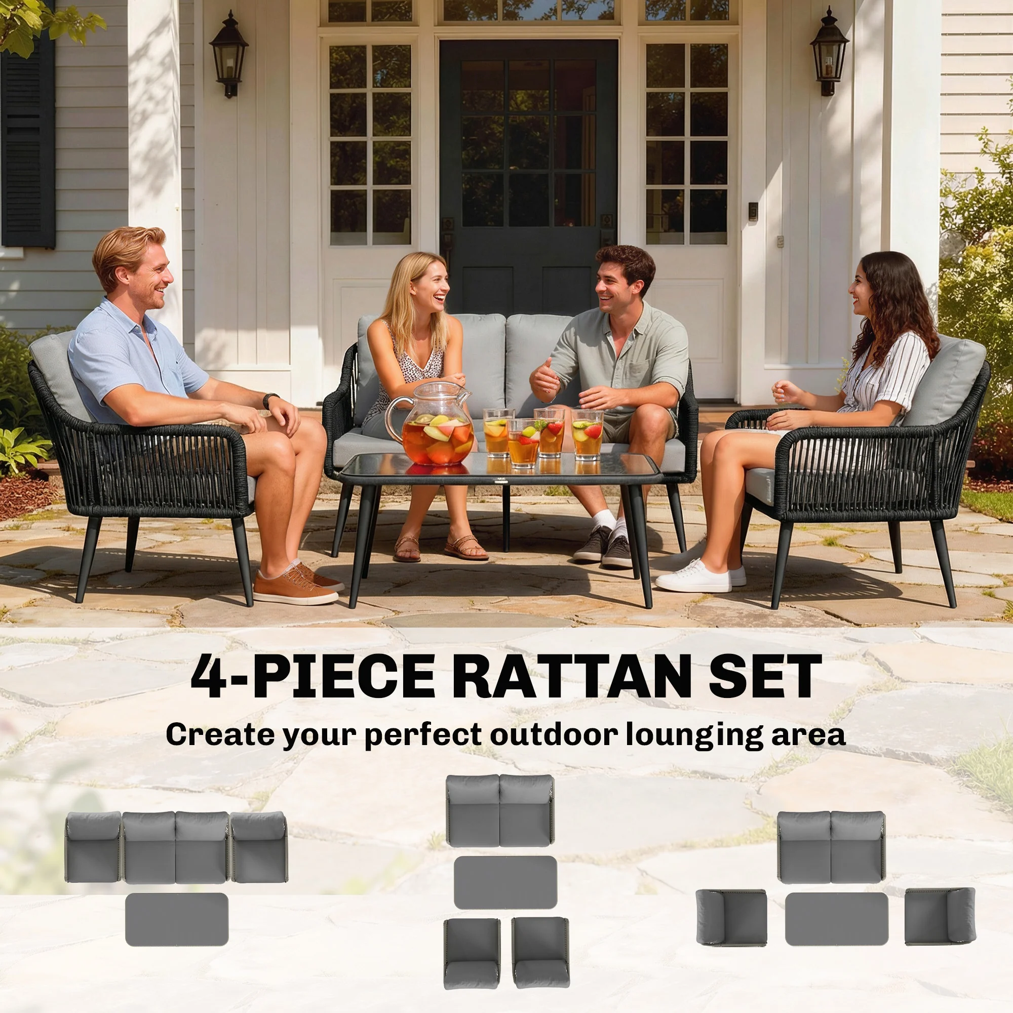 Rattan Garden Furniture Set, Tempered Glass with 3 Chairs - Image 3