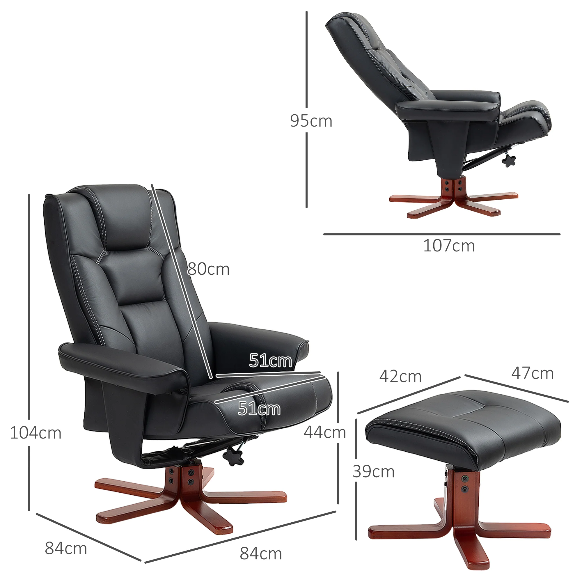 Recliner Chair With Footstool And Adjustable Backrest PU Armchair - Black, Brown, Grey - Image 14