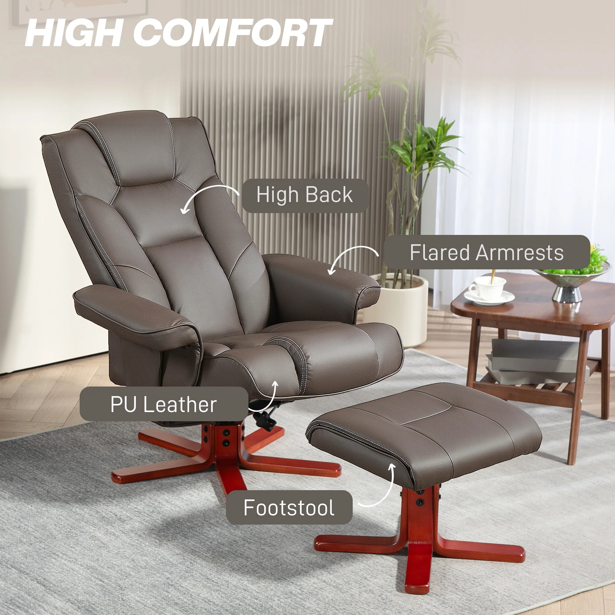 Recliner Chair With Footstool And Adjustable Backrest PU Armchair - Black, Brown, Grey - Image 23