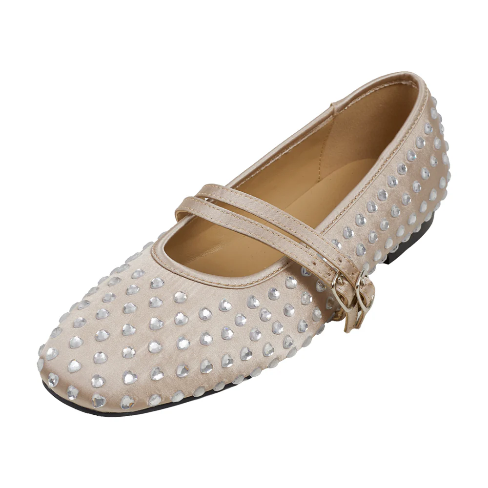 Rhinestones Double Strap Mary Jane Flats Shoes - Beige - Image 4