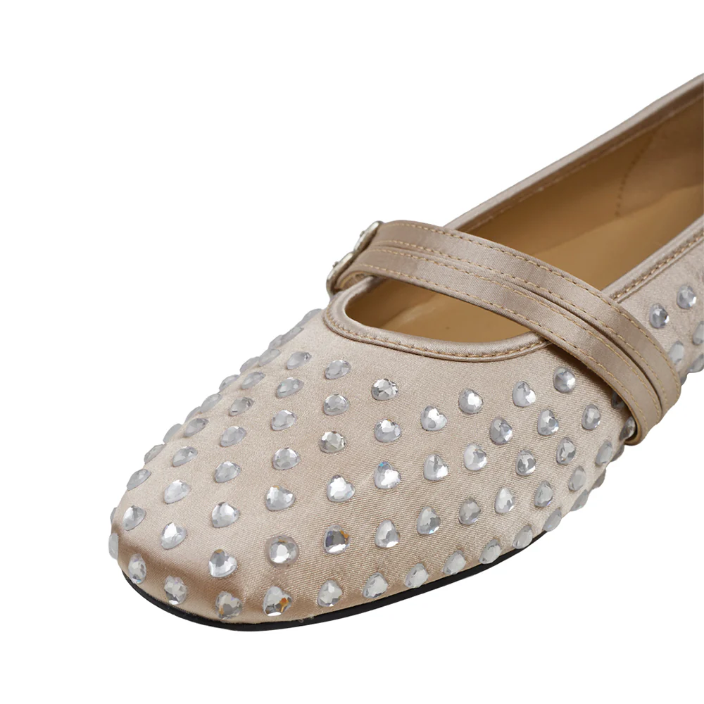 Rhinestones Double Strap Mary Jane Flats Shoes - Beige - Image 6