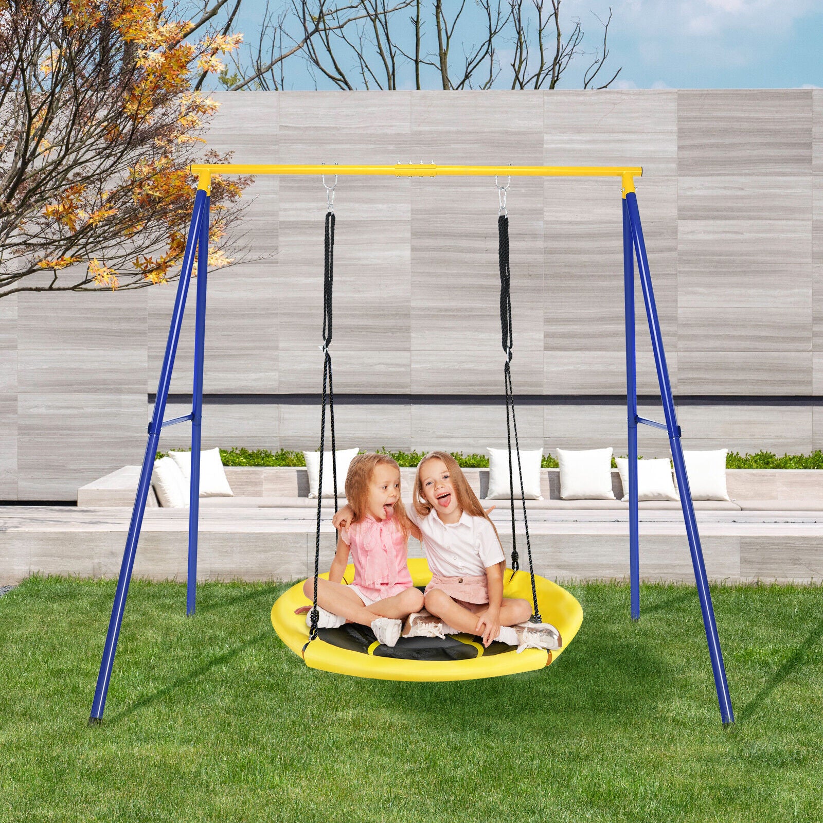 Saucer Swing Set with Metal Frame and Ground Nails for Garden Park-Blue & Yellow - Image 2