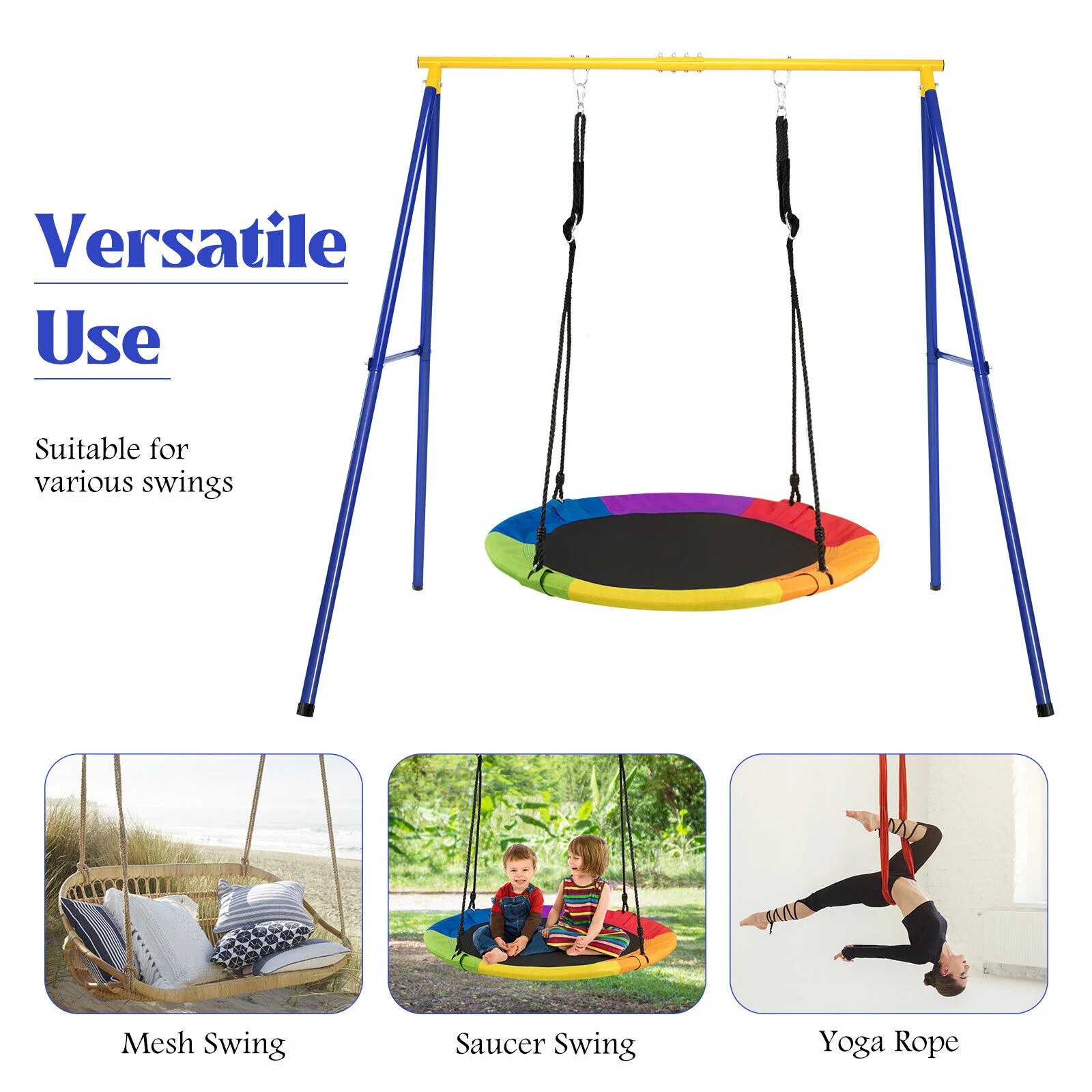 Saucer Swing Set with Metal Frame and Ground Nails for Garden Park-Blue & Yellow - Image 6