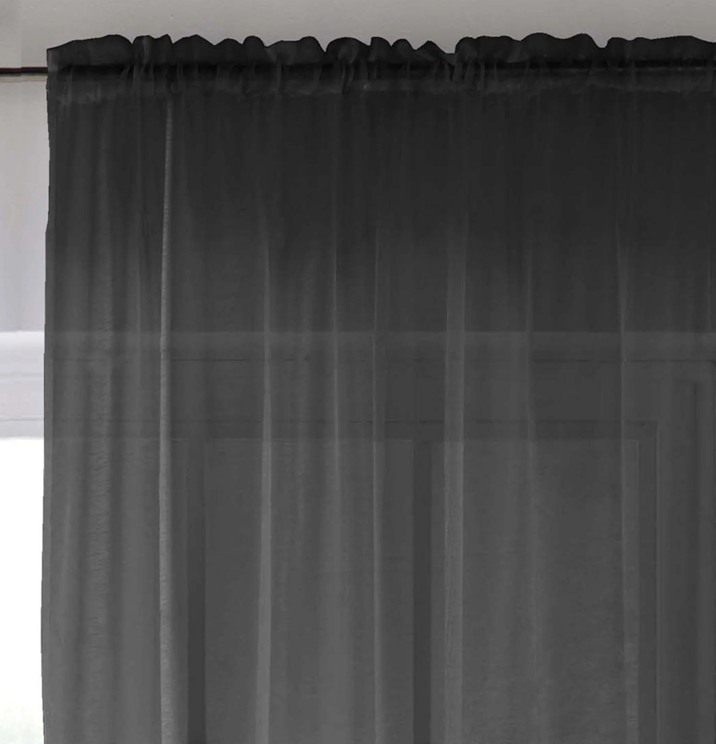 Sheer Black Plain Woven Voile Slot Top Curtain Panel Pair - Image 2