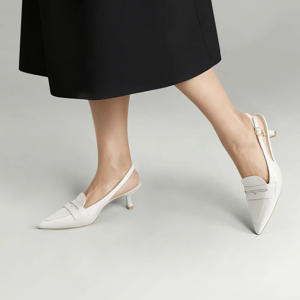 Slingback Pointed Closed Toe Loafer Heels - White - Image 2