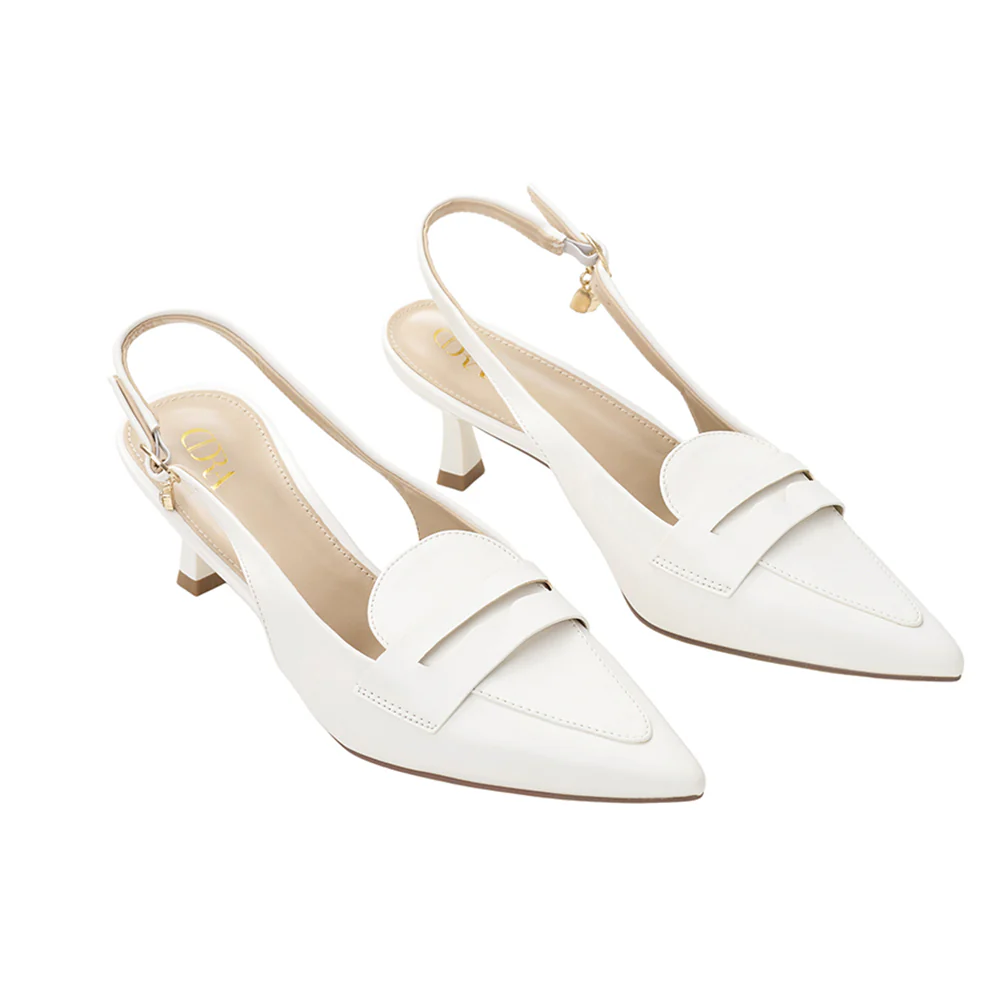 Slingback Pointed Closed Toe Loafer Heels - White - Image 3