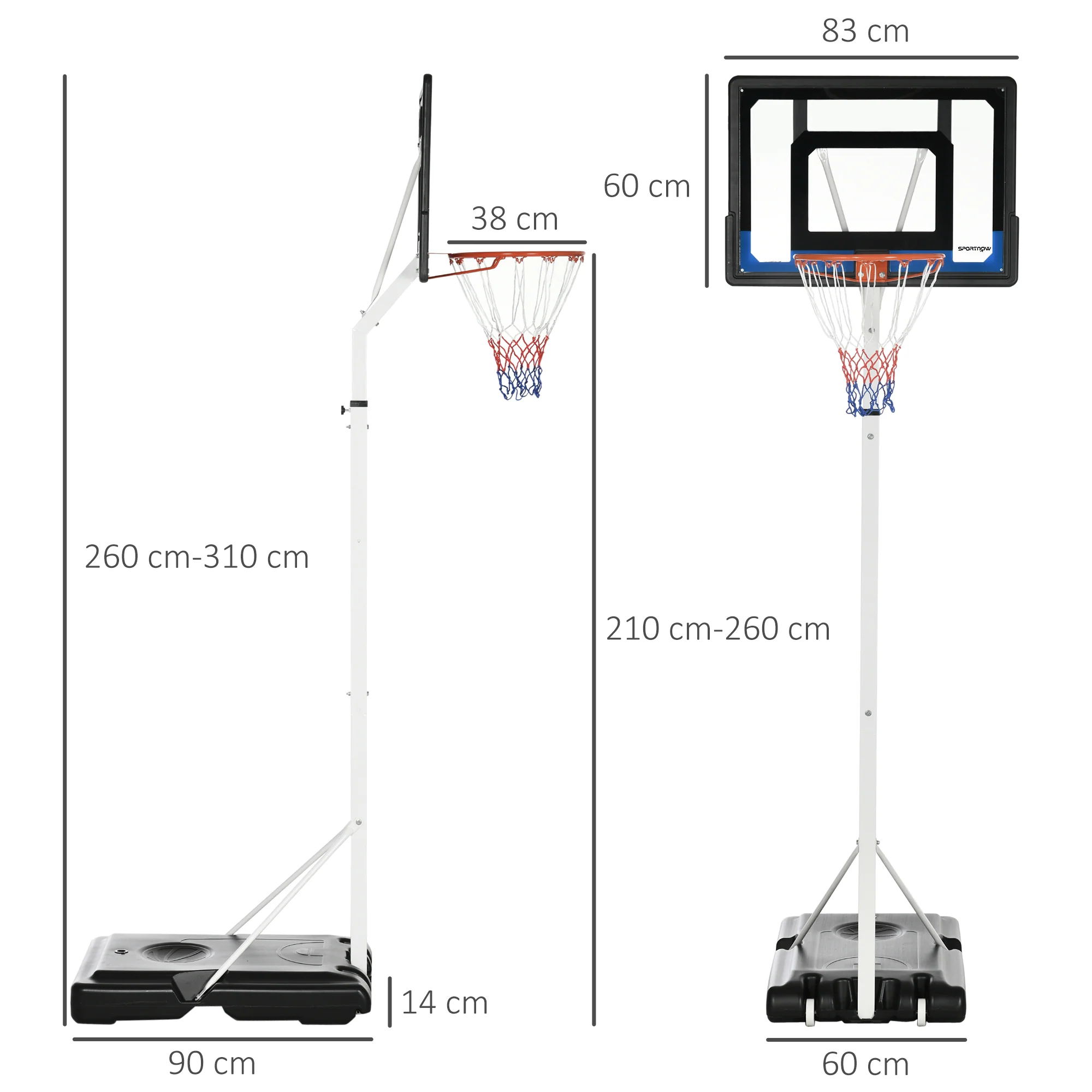 SPORTNOW 2.1-2.6m Basketball Hoop and Stand w/ Weighted Base, Wheels, White - Image 5