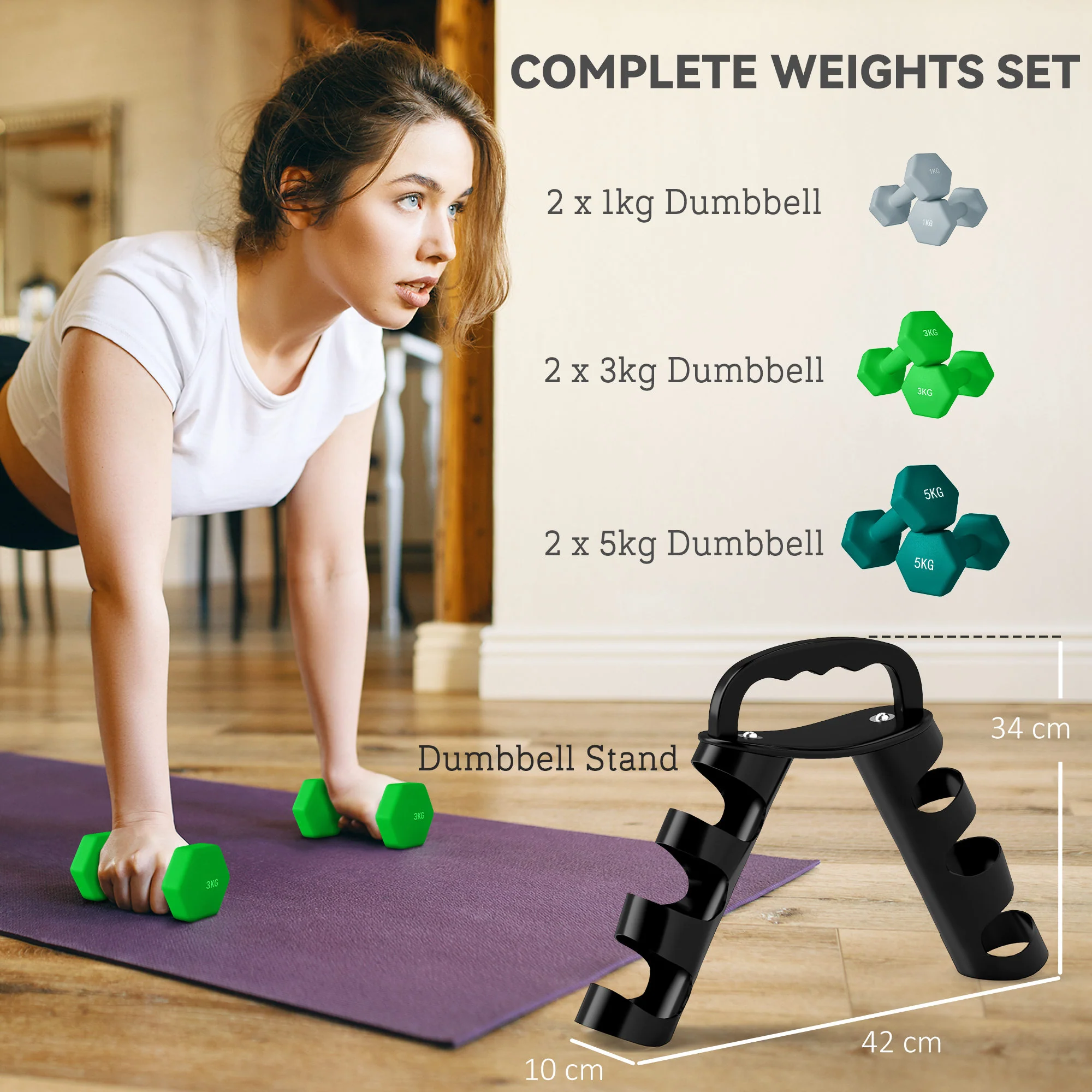 SPORTNOW Dumbbells Set With Carry Storage Rack, 2 X 1kg, 2 X 3kg, 2 X 5kg - Image 3