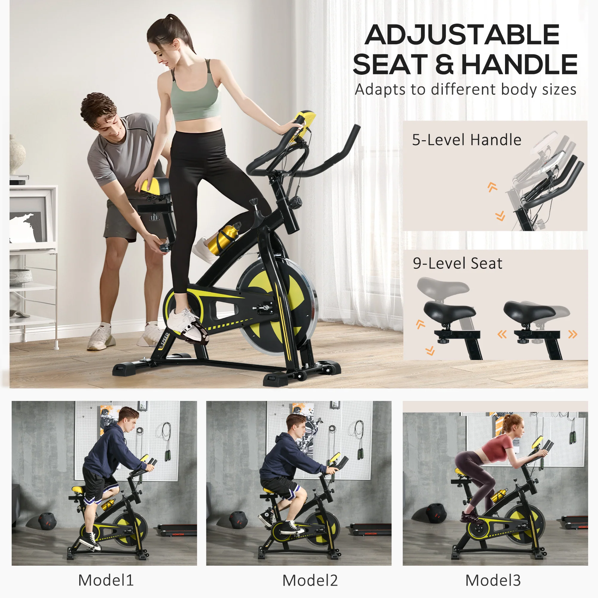 SPORTNOW Indoor Exercise Bike Stationary Bike For Home Gym Workout, Yellow - Image 6