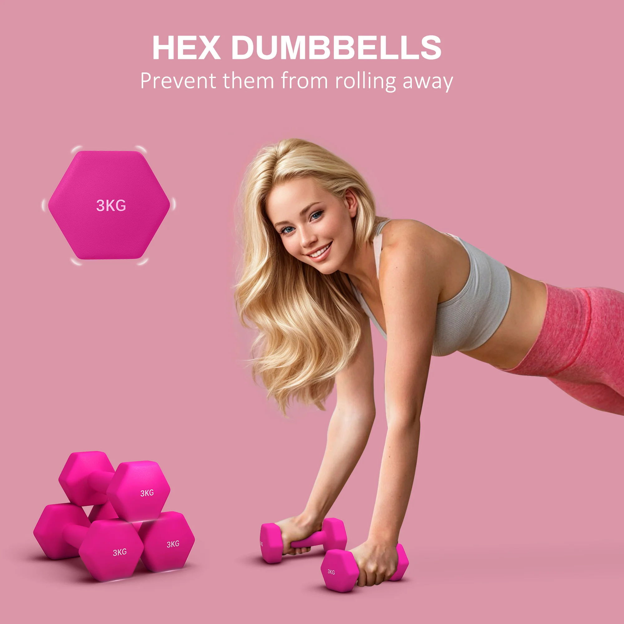 SPORTNOW Set Of 2 Hexagonal Dumbbells Weights Pair, 2 X 3kg, Pink - Image 3