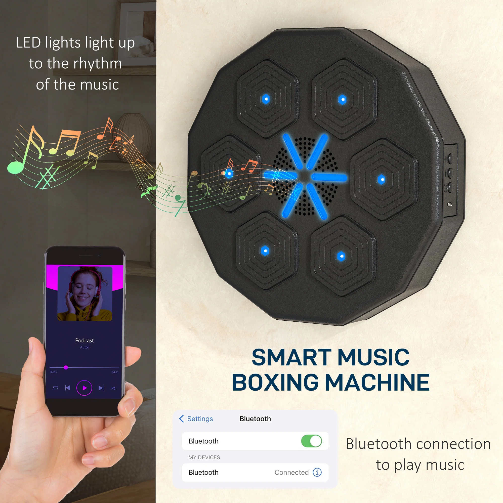 SPORTNOW Smart Music Boxing Machine with Bluetooth Connection and LED Light - Image 3