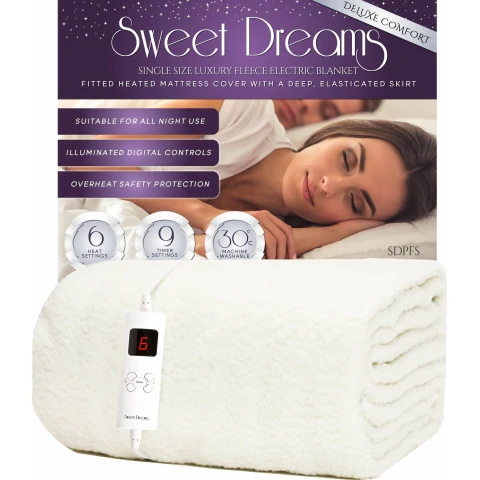Sweet Dreams Luxury Fleece Electric Blanket Single Size, Machine Washable Underblanket, Digital Control, Overheat Protection