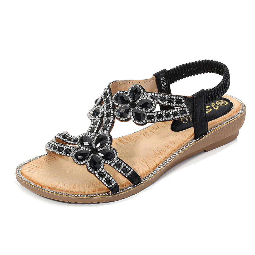 T-Strap Flat Summer Sandals - Black - Image 3