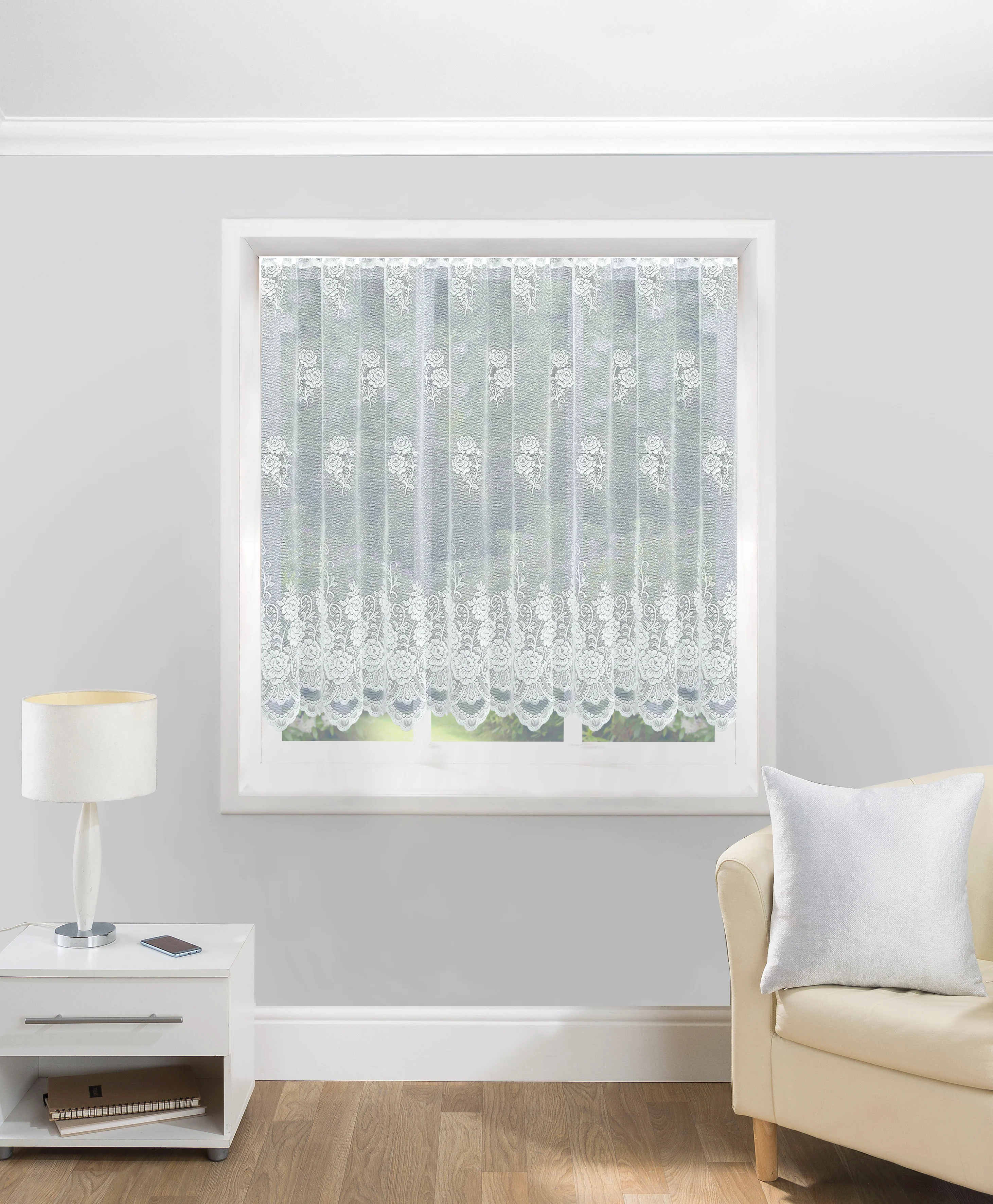 Traditional White Floral Heavy Lace Sheer Net Curtain Panel