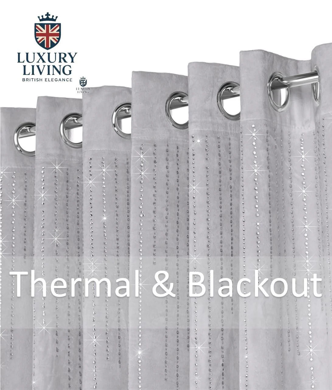 Triple Woven Blackout Velvet Ring Top Curtains with Cascading Diamante Studs Silver - Image 2