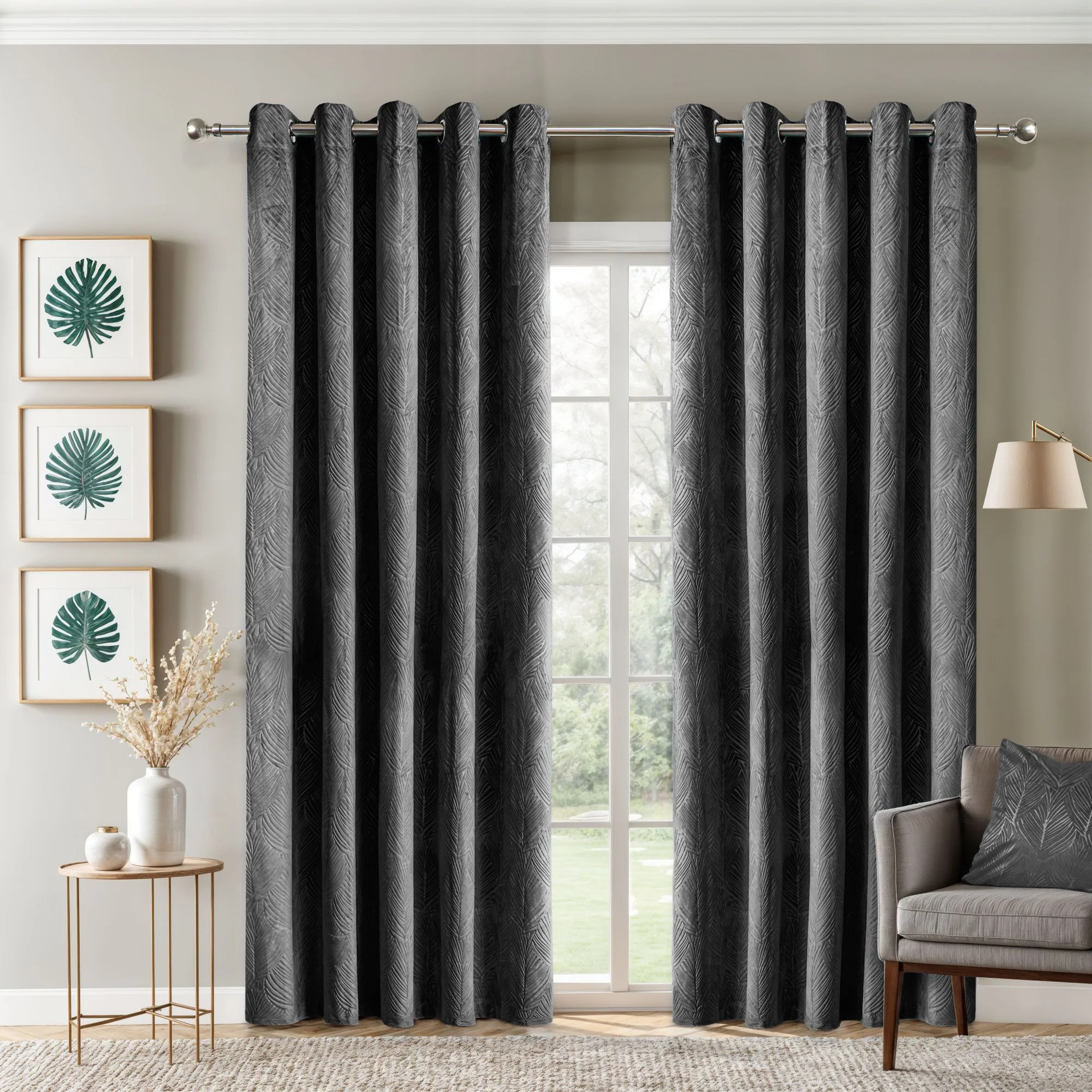Twilight Velvet Embossed Blackout Curtains - Charcoal Grey