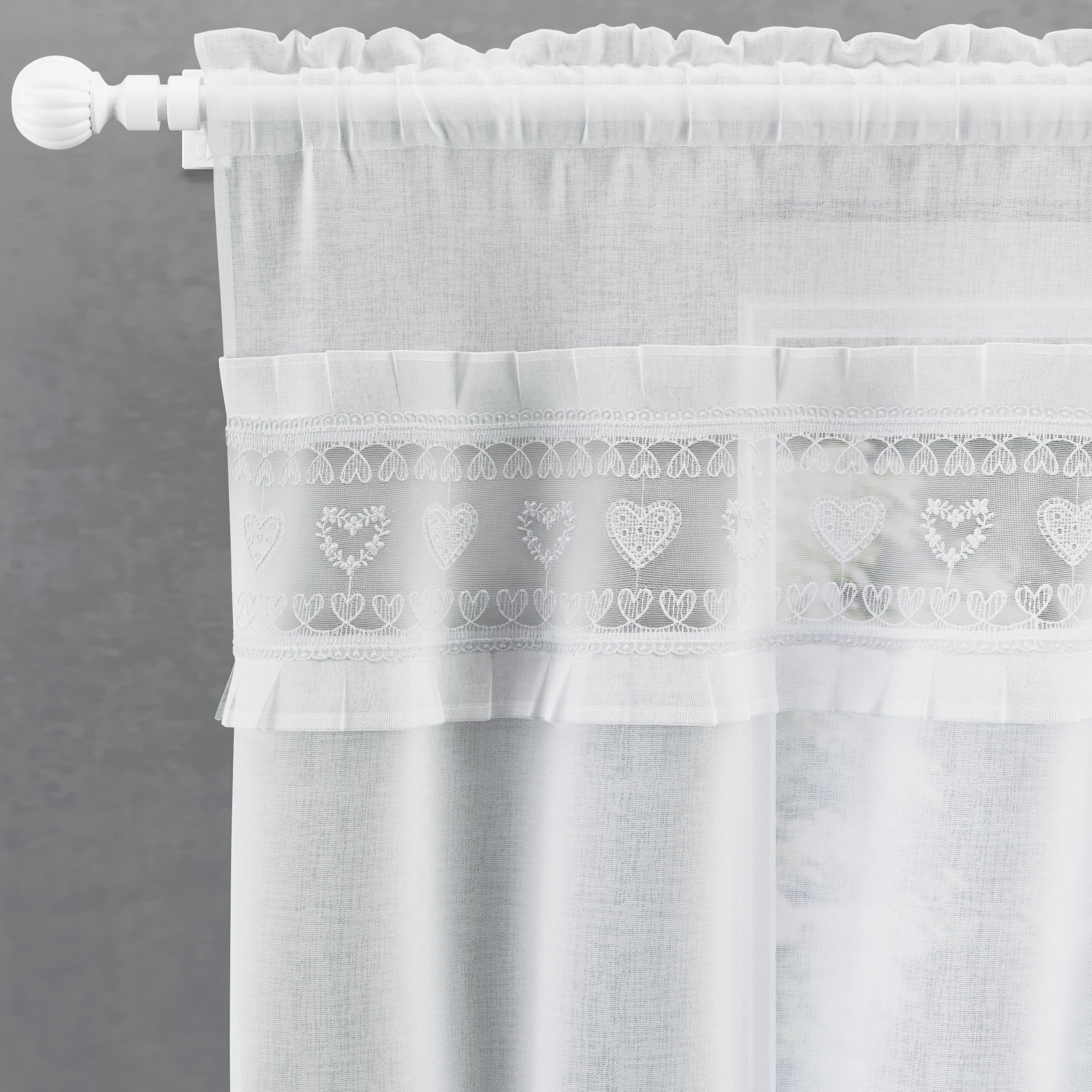 Tyrone Textiles Lucy White Embroidered Heart Kitchen Window Set Curtain Pair With Frill Edging And Matching Tie Backs - Image 2