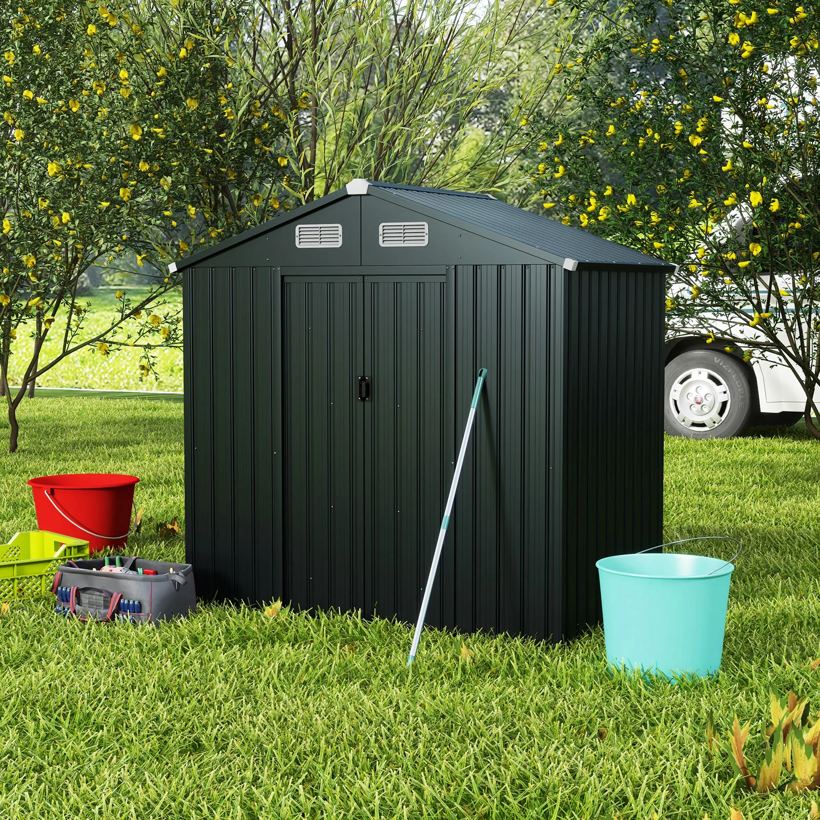 Utility Tool House Garden Storage Shed With Sloping Roof And Air Vents-Grey - Image 2