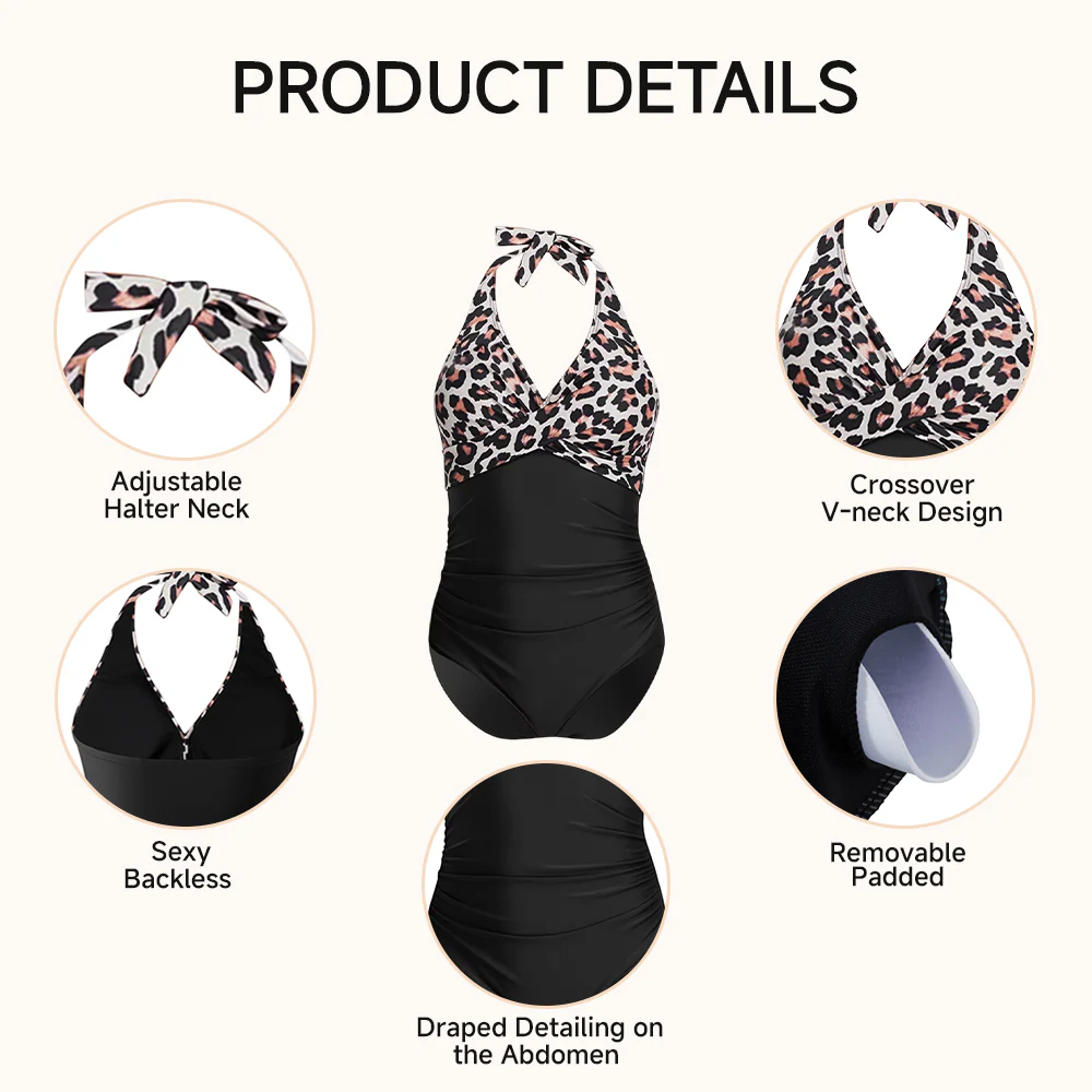 V-Neck One-Piece Swimsuit - Black Leopard - Image 6