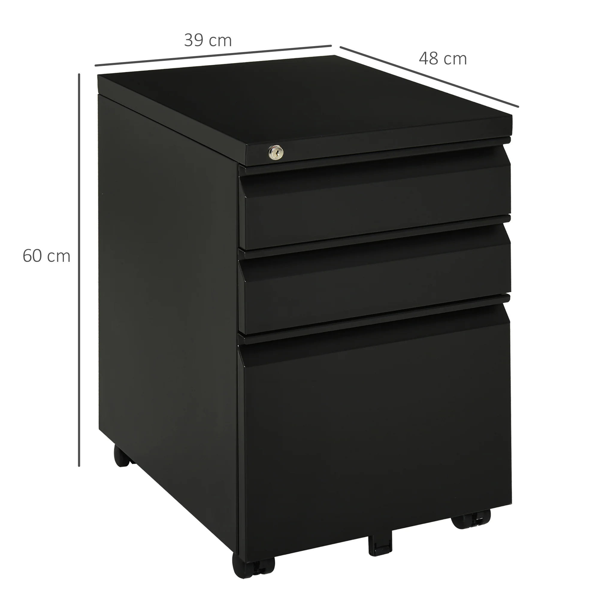 Vinsetto 3 Drawer File Cabinet, Lockable Metal Filling Cabinet, Black - Image 6