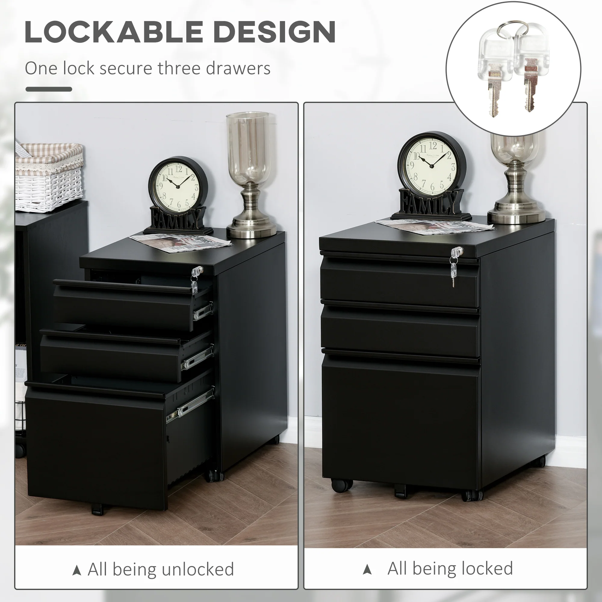 Vinsetto 3 Drawer File Cabinet, Lockable Metal Filling Cabinet, Black - Image 7