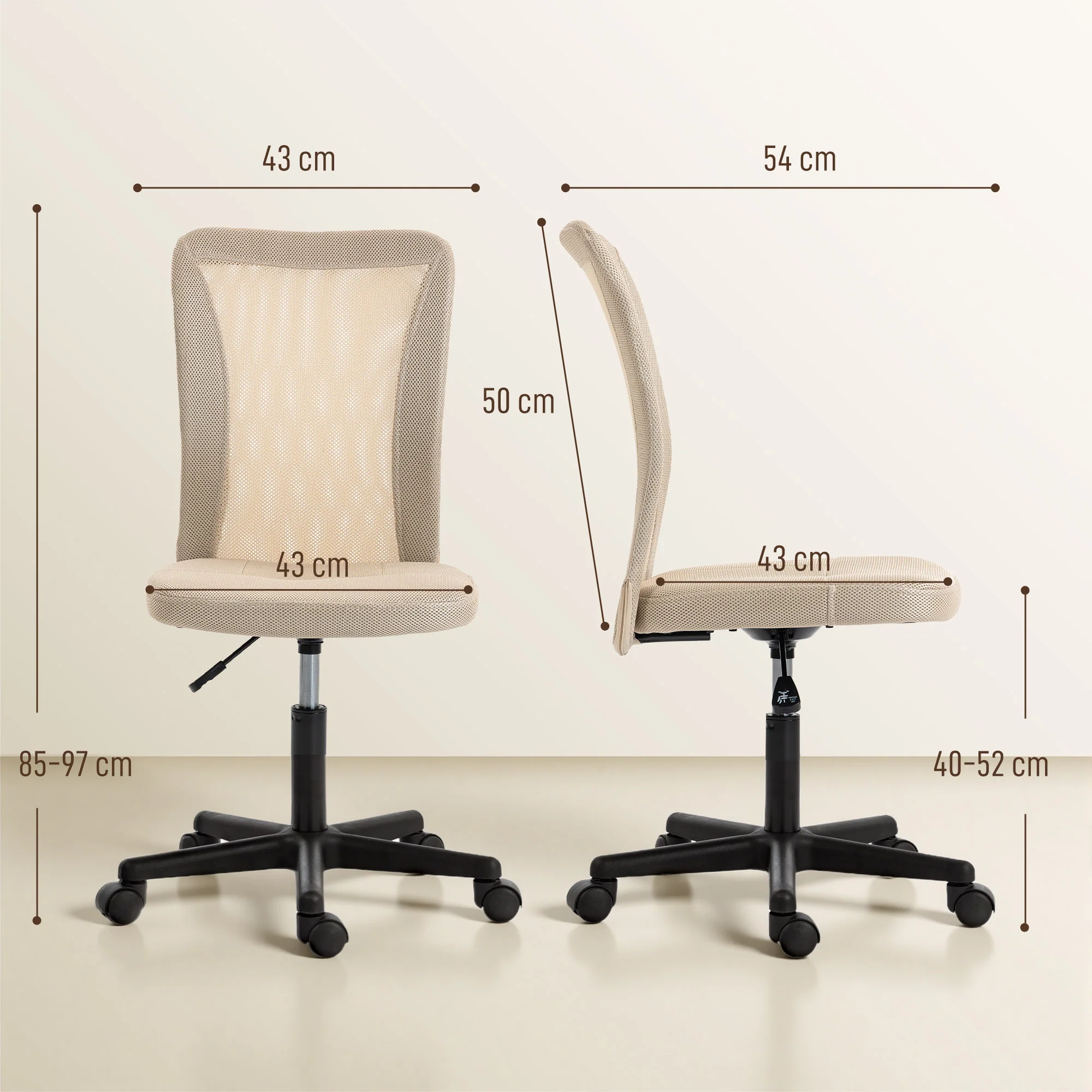 Vinsetto Armless Office Chair, Swivel Desk Chair W/ Adjustable Height Beige - Image 3
