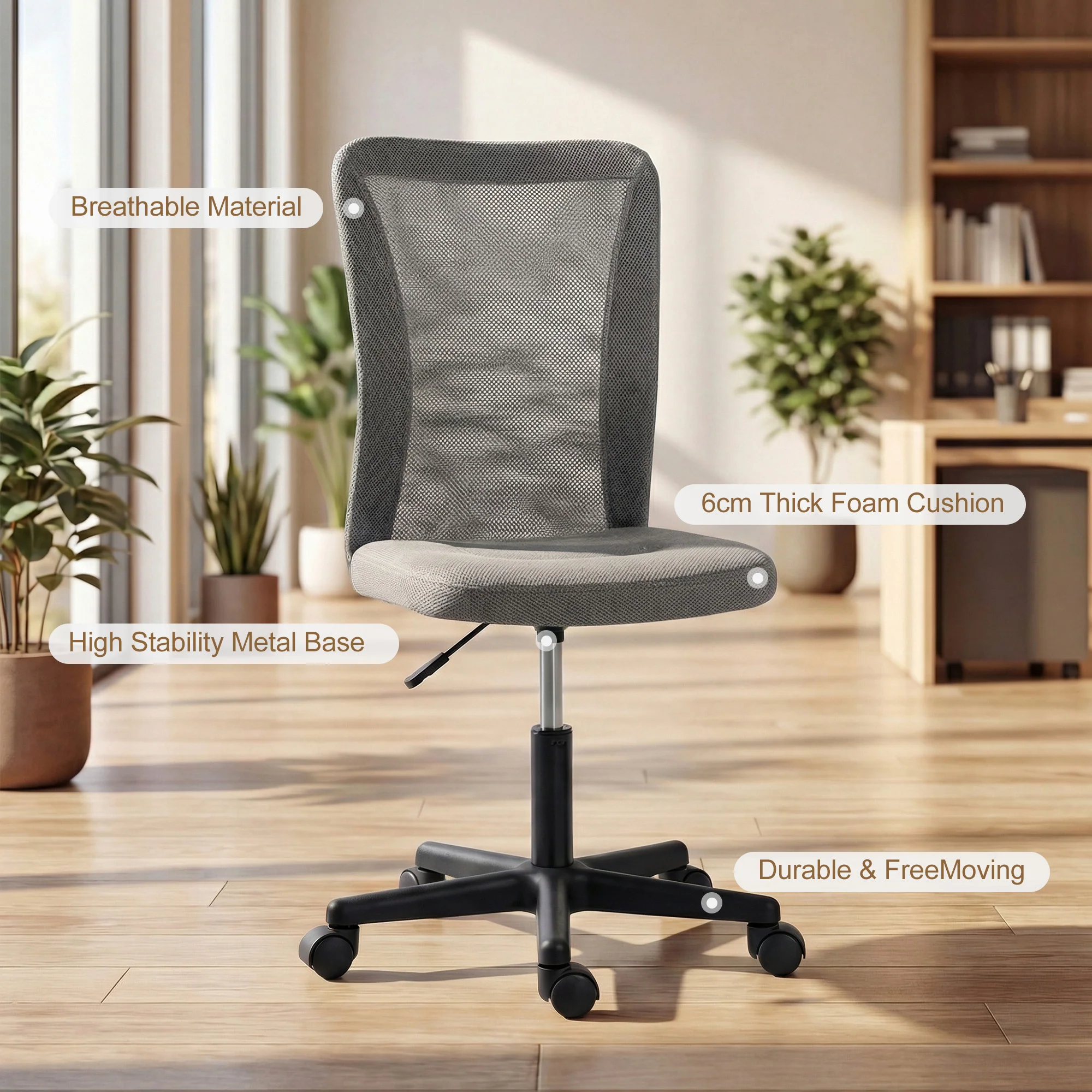 Vinsetto Armless Office Chair, Swivel Desk Chair W/ Adjustable Height Grey - Image 4