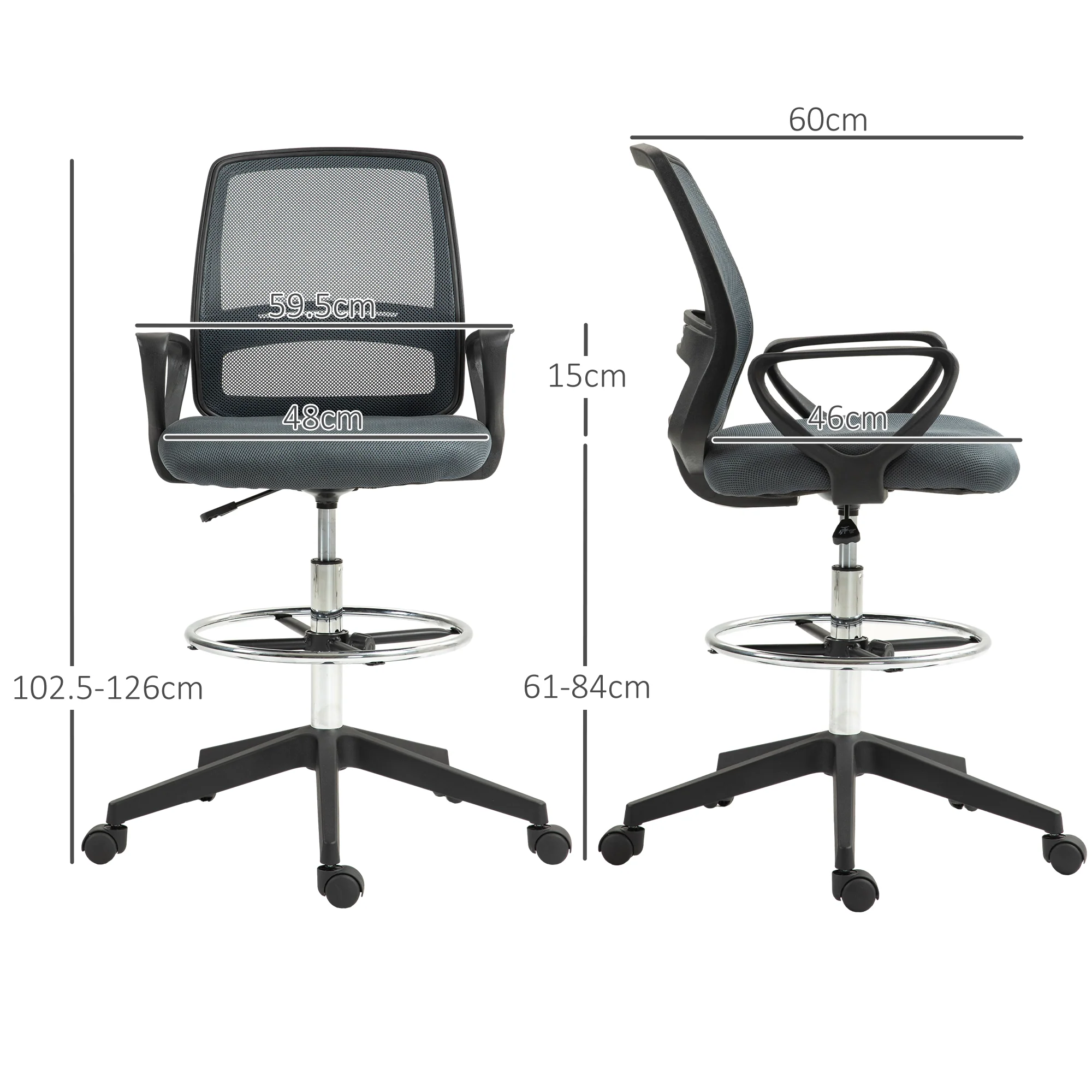 Vinsetto Draughtsman Chair Tall Office Chair With Adjustable Height Grey - Image 5