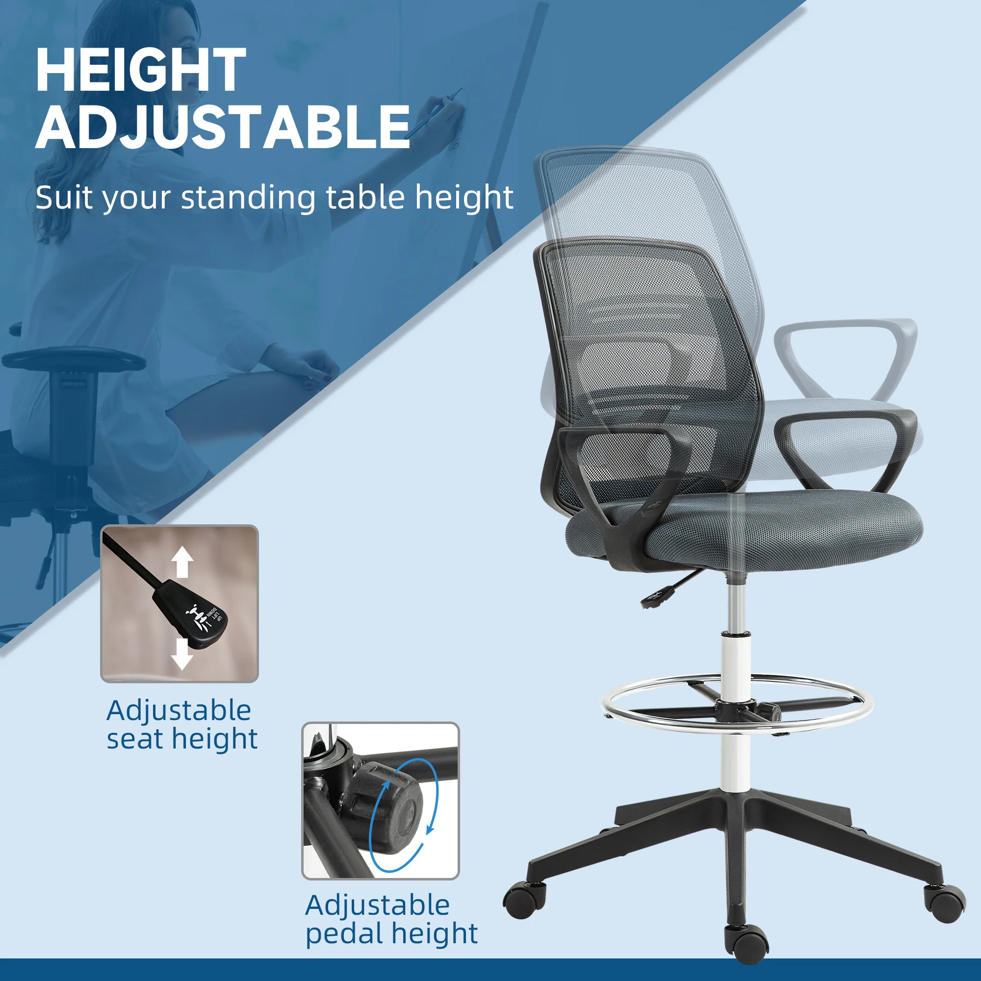 Vinsetto Draughtsman Chair Tall Office Chair With Adjustable Height Grey - Image 6