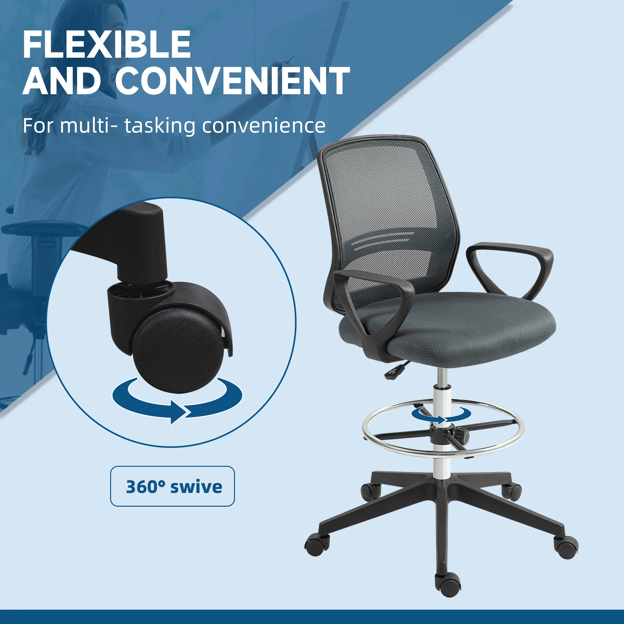 Vinsetto Draughtsman Chair Tall Office Chair With Adjustable Height Grey - Image 7