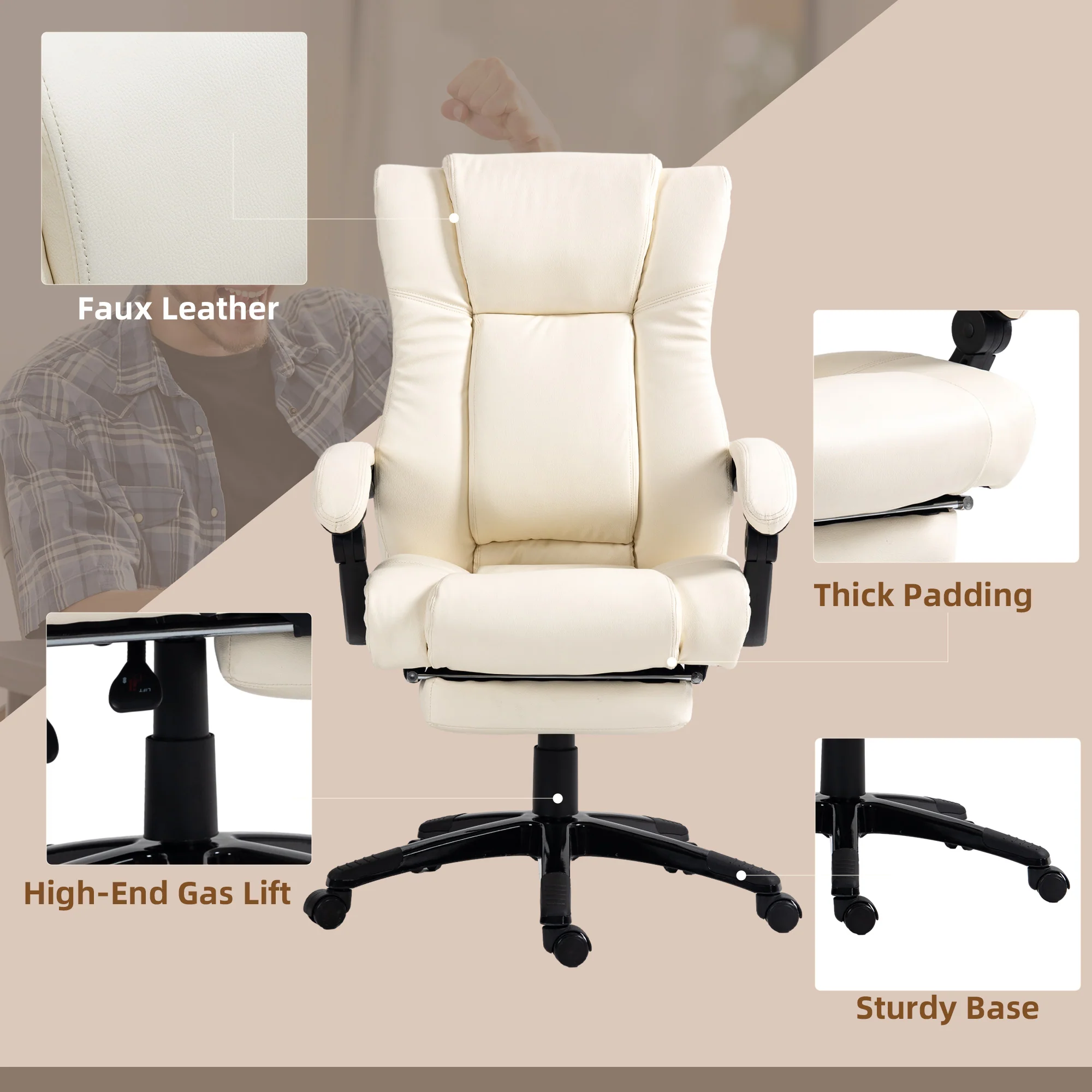 Vinsetto Executive Home Office Chair High Back Recliner, With Foot Rest, Cream - Image 7