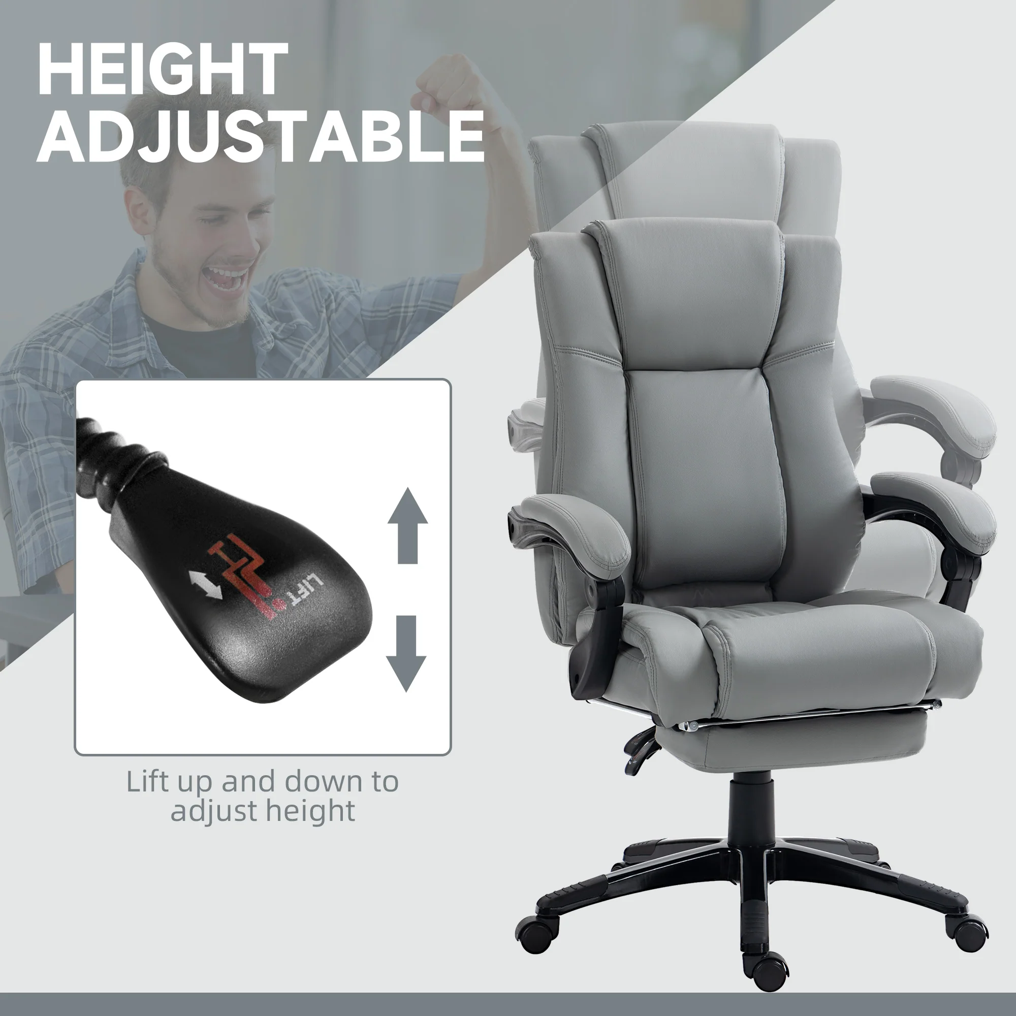 Vinsetto Executive Home Office Chair High Back Recliner, with Foot Rest, Grey - Image 3