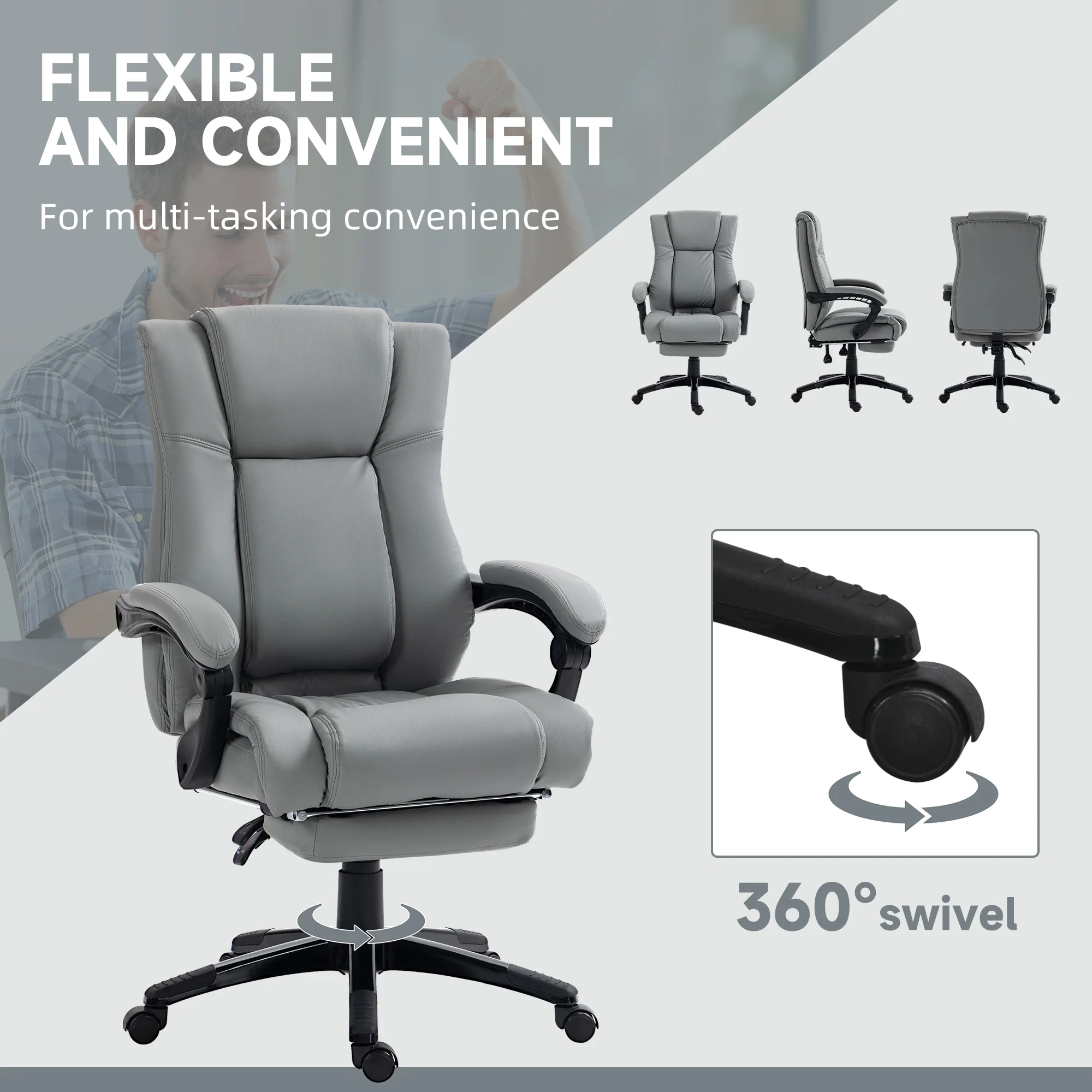 Vinsetto Executive Home Office Chair High Back Recliner, with Foot Rest, Grey - Image 6