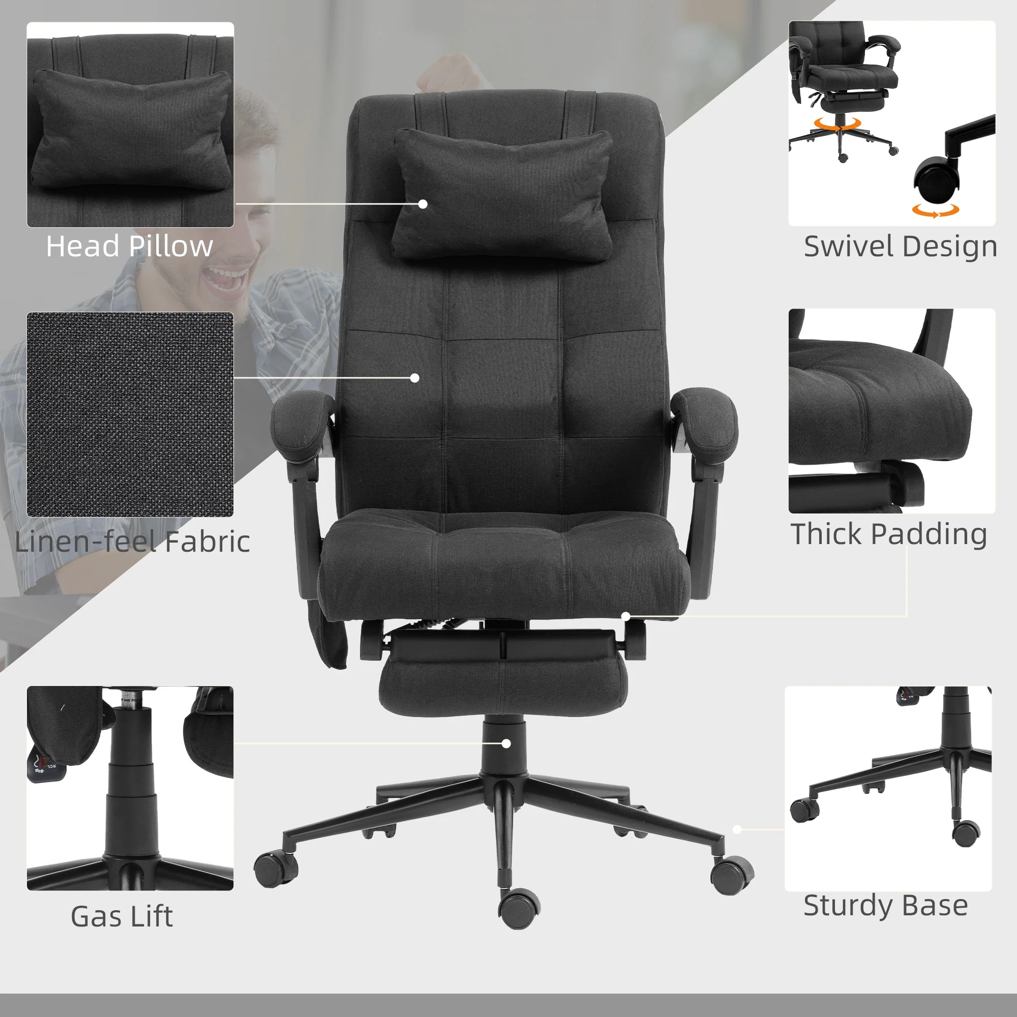 Vinsetto Fabric Vibration Massage Office Chair with Heat, Head Pillow, Black - Image 7