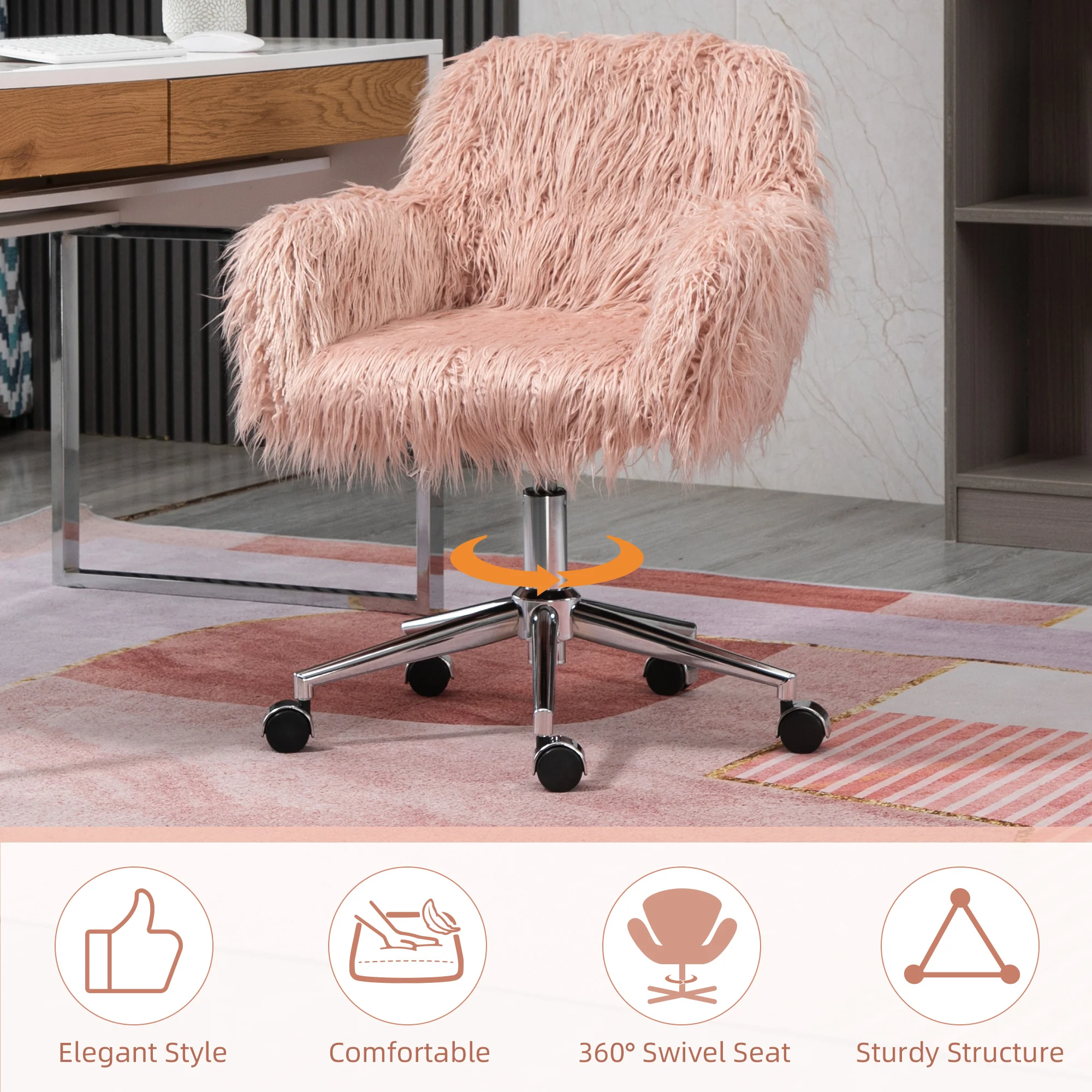 Vinsetto Faux Fur Home Office Chair, Vanity Chair W/ Adjustable Height, Pink - Image 7