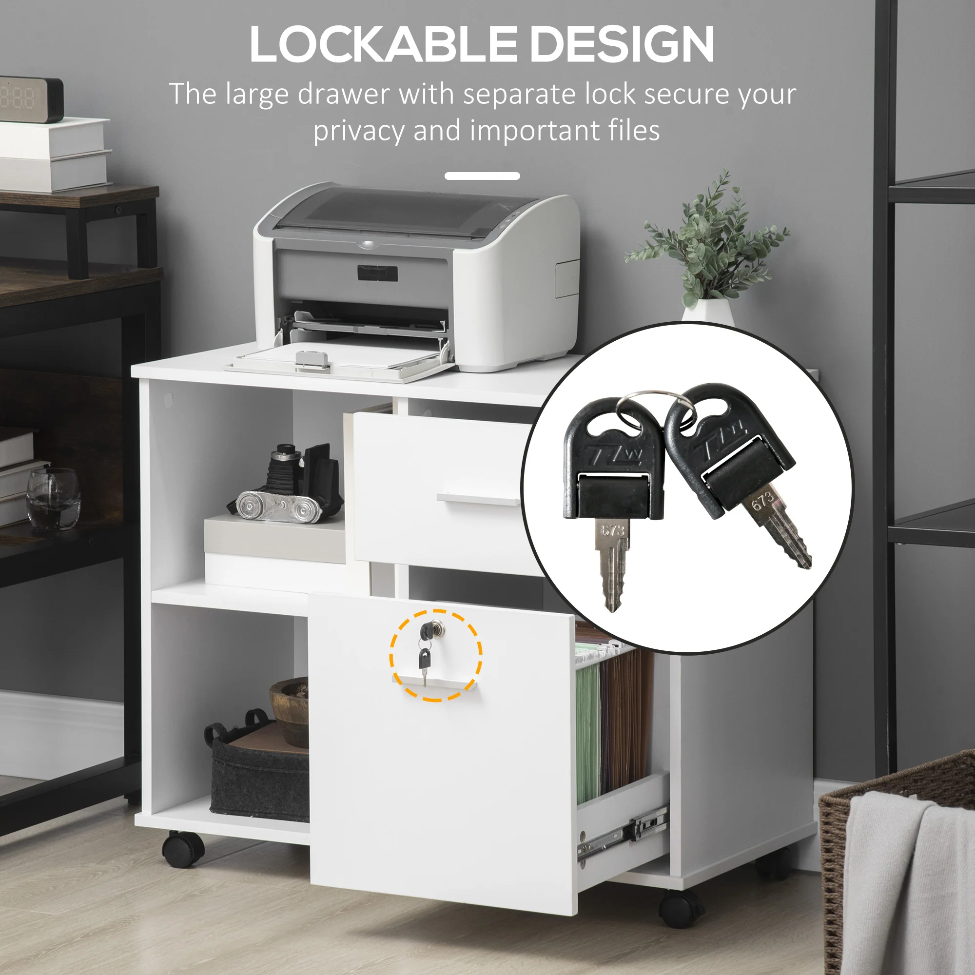 Vinsetto Filing Cabinet Mobile Printer Stand W/ Drawer for A4 Size Files, White - Image 6