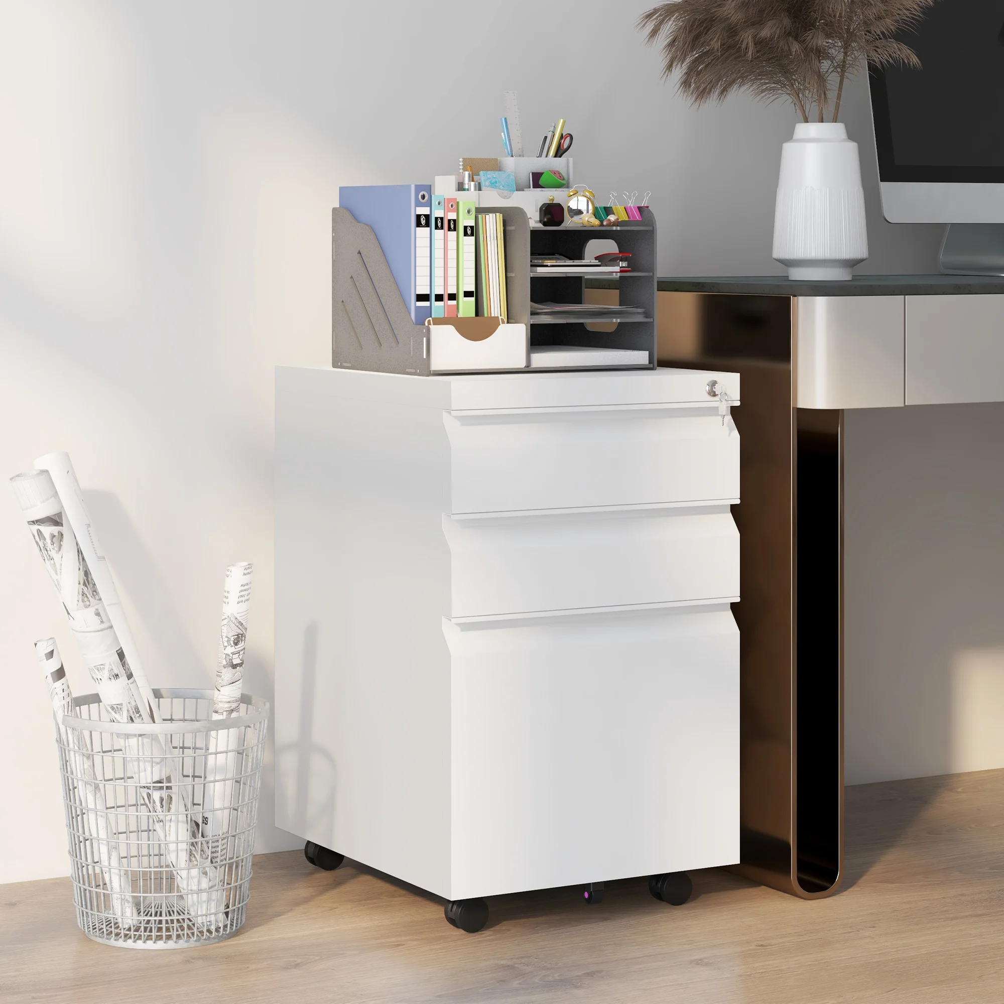 Vinsetto Filing Cabinet With Lock And Hanging Bar For Letter A4 Legal, White - Image 2