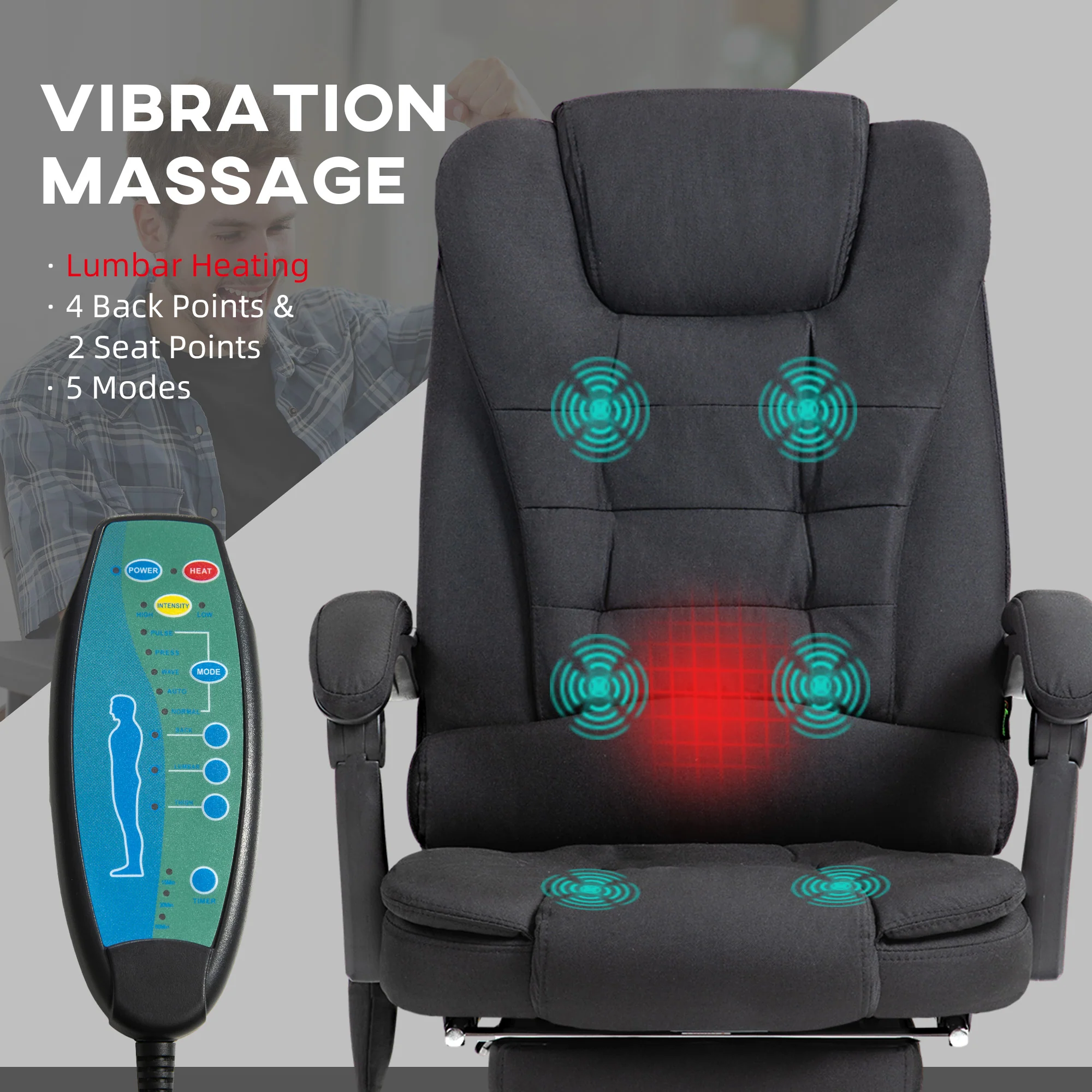 Vinsetto Heated Vibration Massage Office Chair With Footrest,Black - Image 3