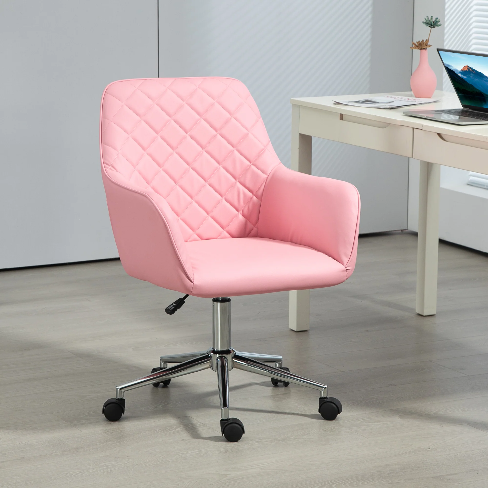 Vinsetto Home Office Chair Leather-Feel Fabric Swivel Chair With Armrests Pink - Image 2