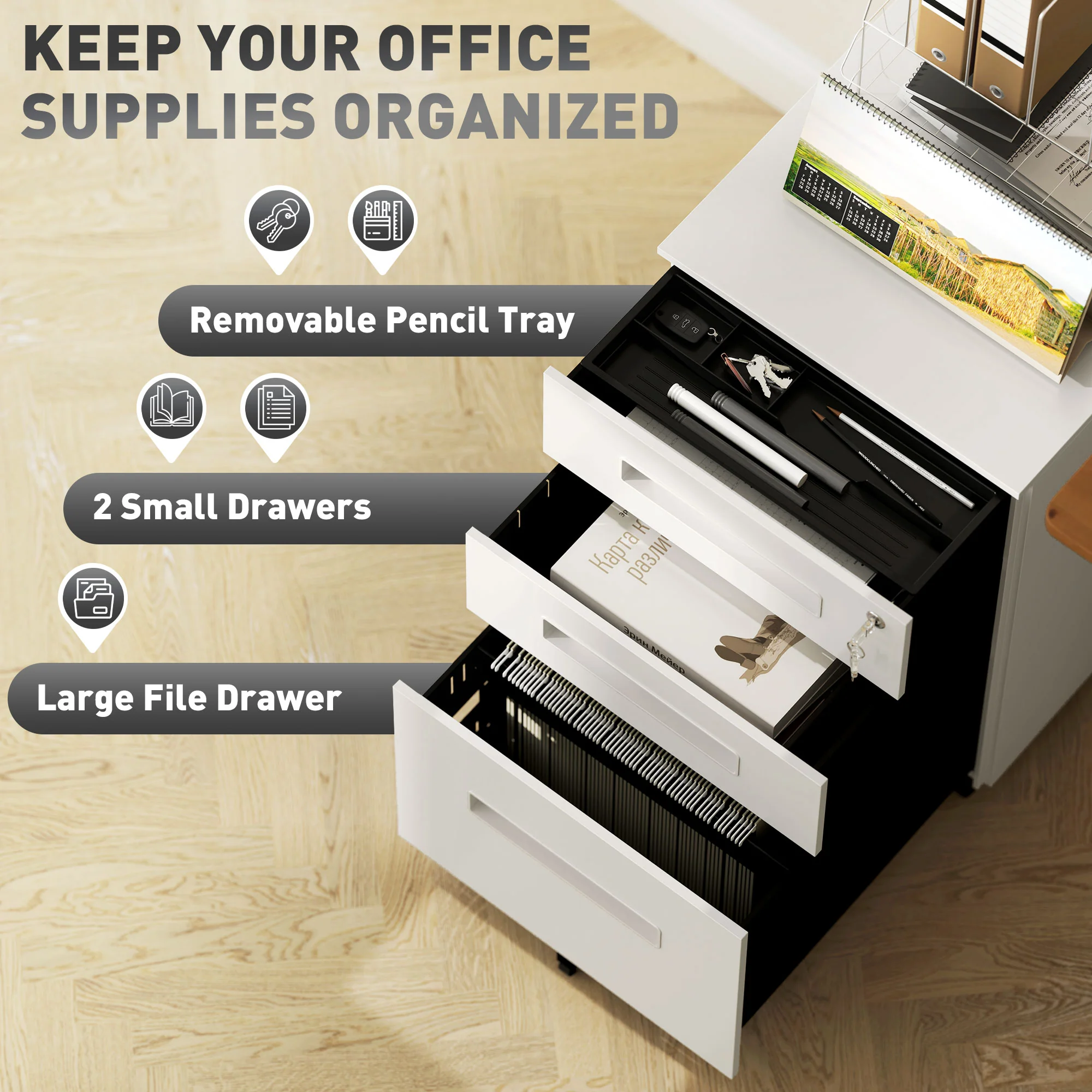 Vinsetto Lockable Mobile Filing Cabinet w/ 3 Drawers 39 x 48 x 60 cm - Image 12
