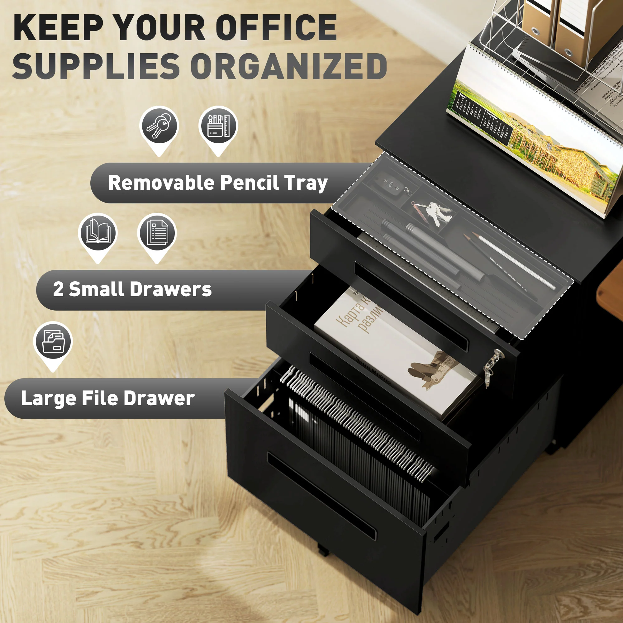 Vinsetto Lockable Mobile Filing Cabinet w/ 3 Drawers 39 x 48 x 60 cm - Image 3