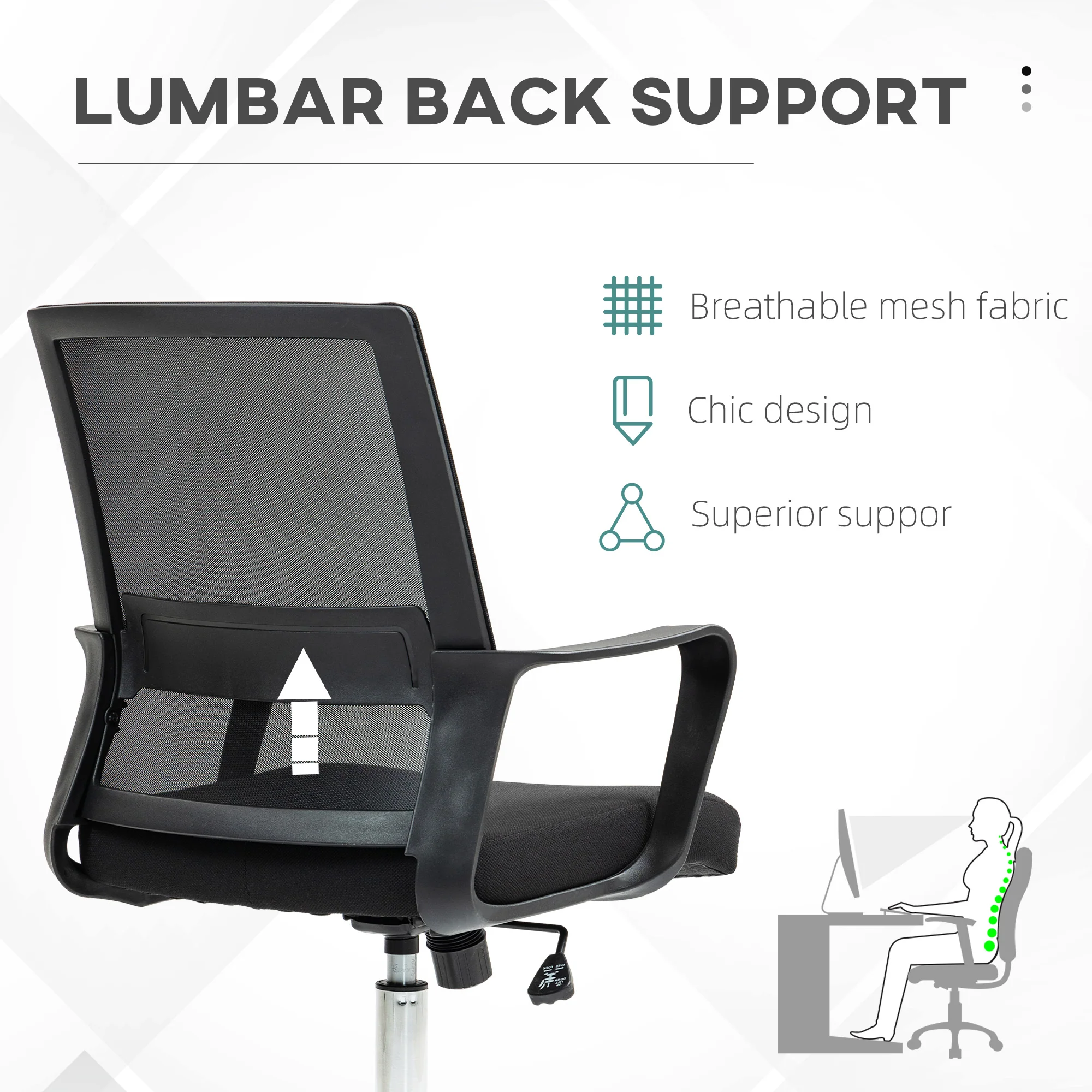 Vinsetto Mesh Office Chair Desk Chair W/ Swivel Seat Adjustable Height Black - Image 6