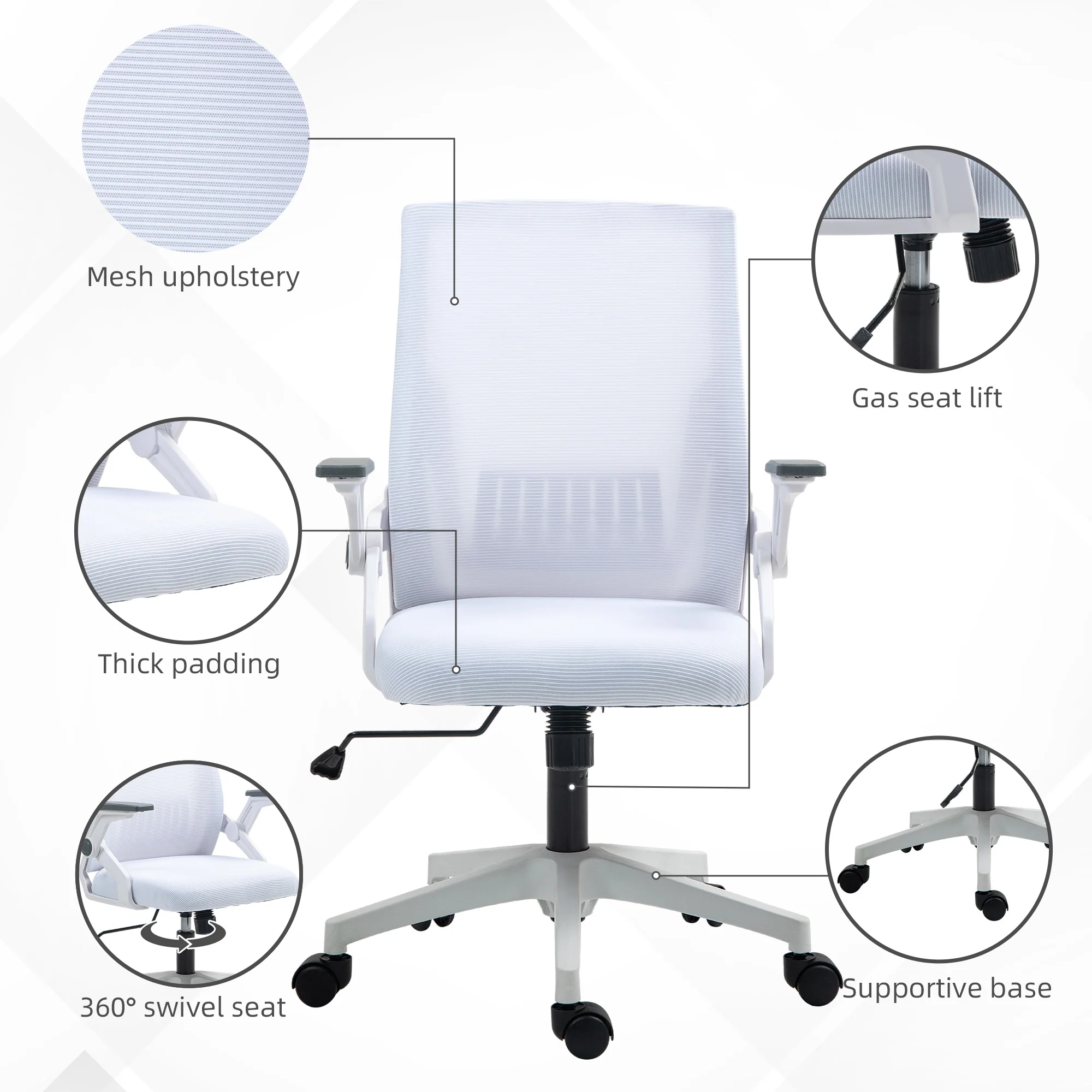 Vinsetto Mesh Office Chair For Home With Lumbar Support, Flip-up Arm, Wheels - Image 17